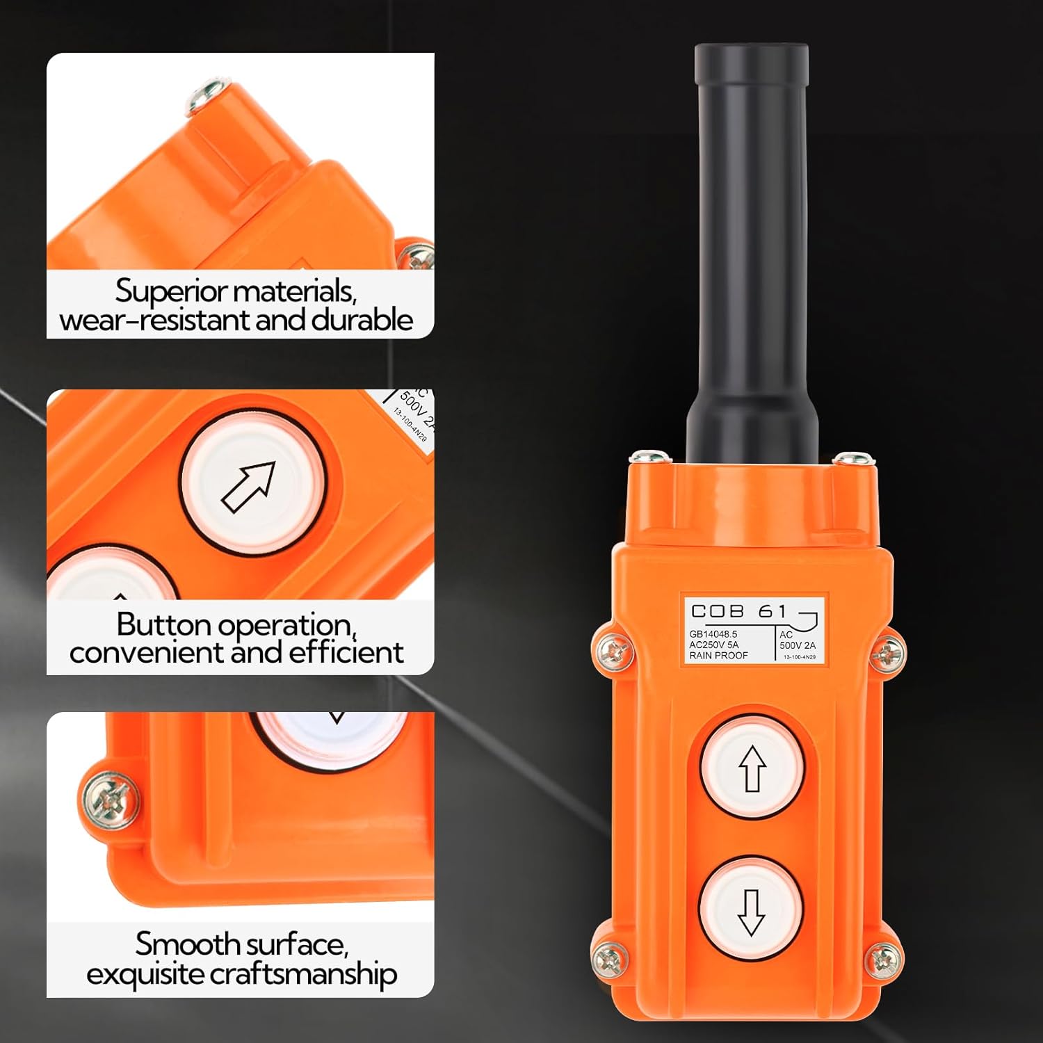 5Pcs COB61-Up-Down Crane Push Button Switch, Orange Crane Pendant Control Station Push Button Switch with Rubber Cable Barrel