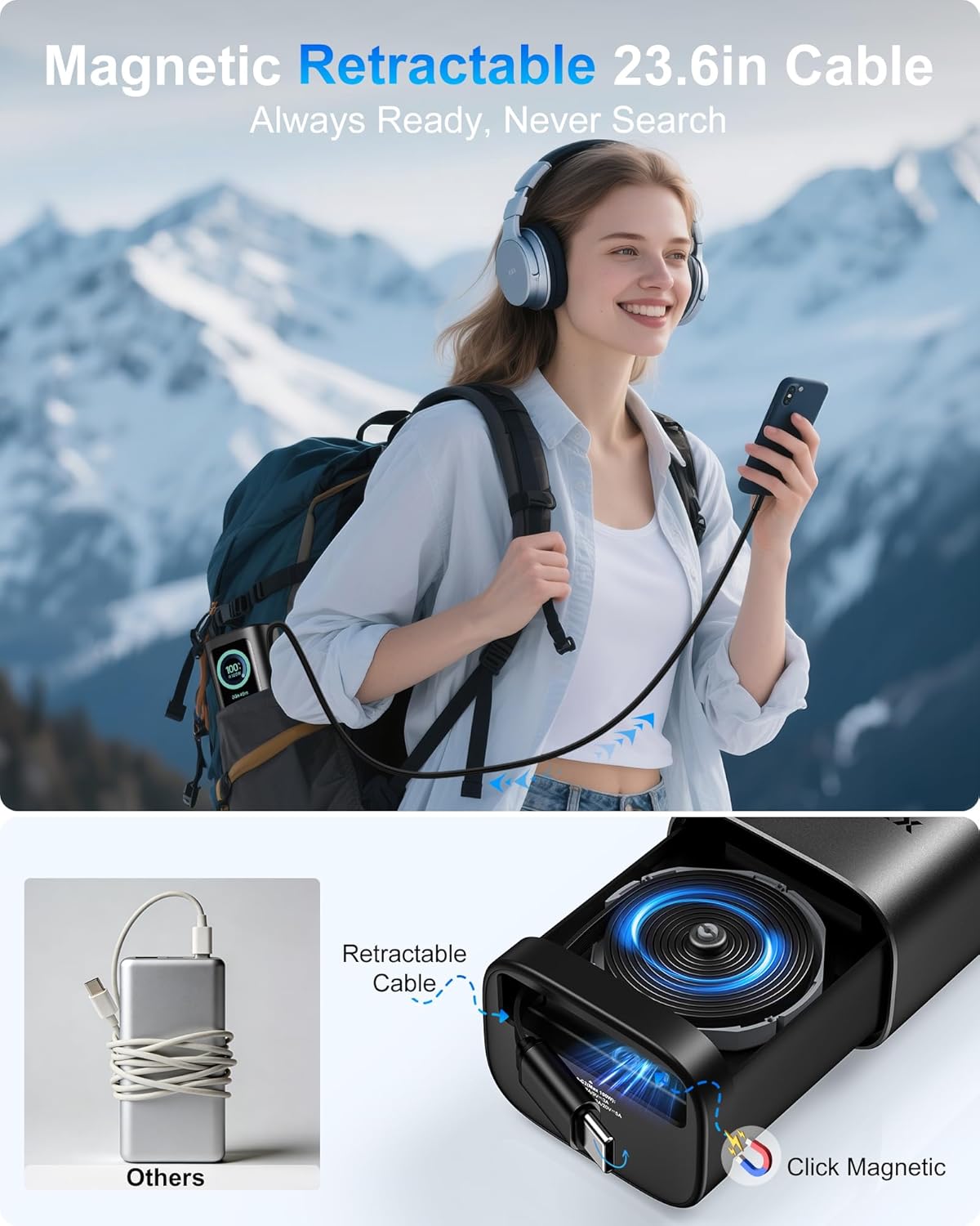 AsperX Laptop Power Bank, 165W 20,000mAh, Retractable Cables, Aluminum Alloy Unibody Portable Charger Power Bank, Battery Bank for MacBook Pro/Air/iPhone 17/iPad Pro/S25 Ultra/Dell/HP(TSA-Approved) - Image 3