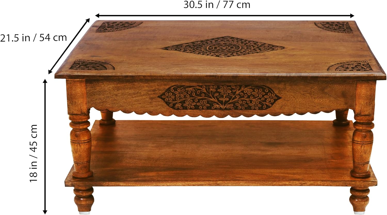 COTTON CRAFT Hand Carved Solid Wood Coffee Table with Storage Shelf – Antique Brown 100% Mango Wood Center Table for Living Room – Easy Assembly Rustic Farmhouse Cocktail Table - 30.5 x 21.5 x 18 H