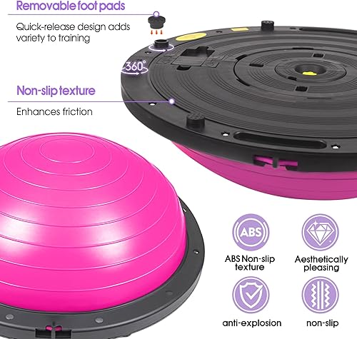 Miniatura 6 de Entrenador de media pelota de equilibrio con bandas de resistencia, rosa, pelota de ejercicio para yoga y entrenamiento de estabilidad