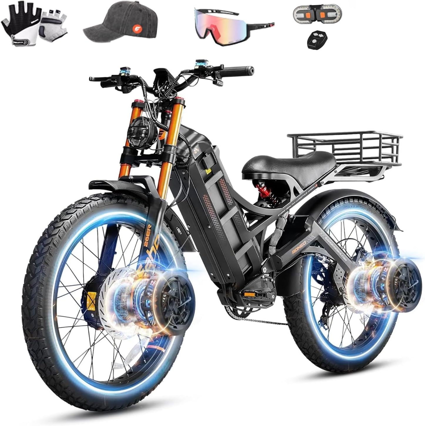 eAhora 2026 Romeo Pro 3 5600W 50Mph High-Torque Ebike, 60V 80Ah 250-Mile Long Range Electric Bike for Adults, Adjustable Air Suspension, 26'' Puncture-Proof Tire, UL 2849 Certified by TÜV