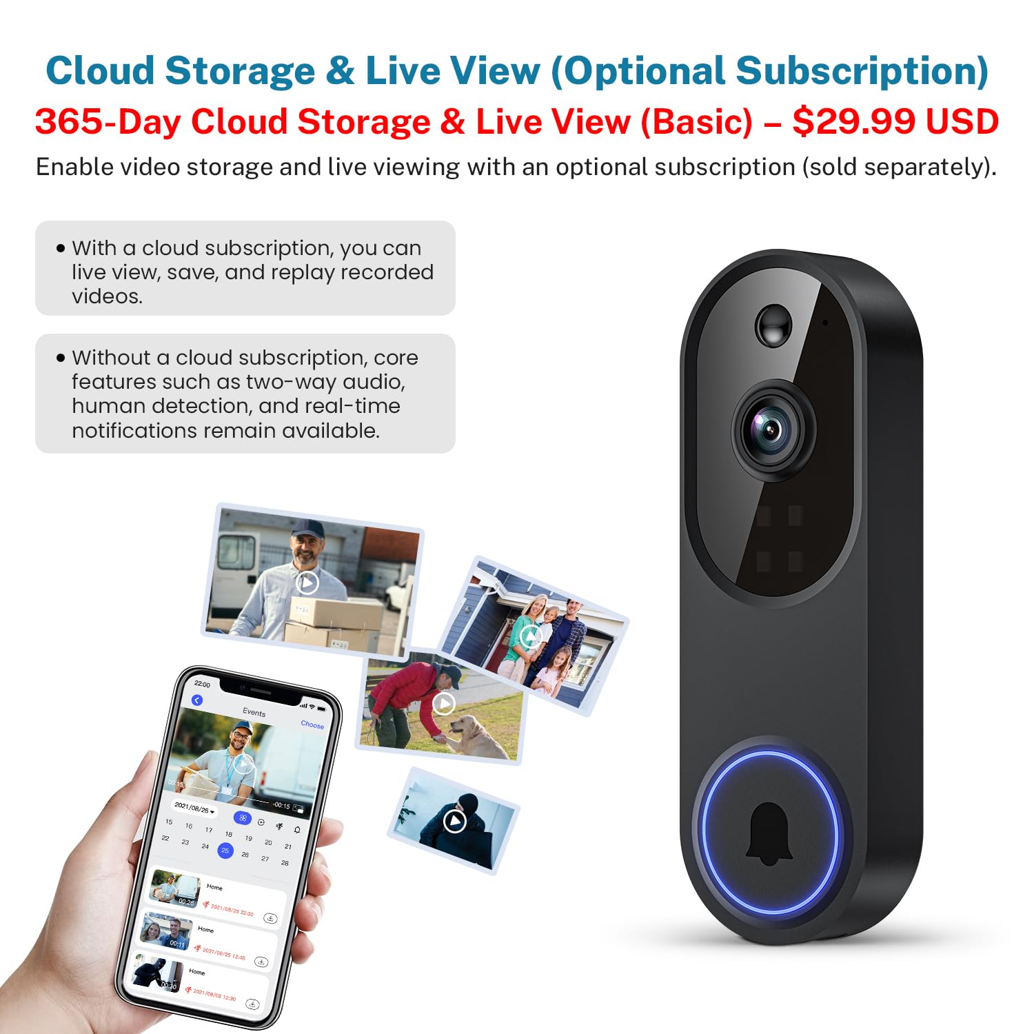Guggre Videocamera per campanello 1080P, rilevamento umano intelligente, archiviazione cloud, campanello incluso, vista dal vivo, audio a 2 vie, visione notturna IR, obiettivo grandangolare,