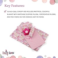 Vista 4 de Emily Rose Cama con dosel de princesa de 18 pulgadas, madera blanca con cortinas de tul rosa, juego de ropa de cama de 5 piezas y cajón