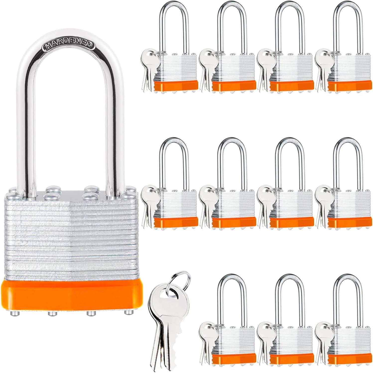 12Pcs Padlocks with Same Keys,Laminated Steel Orange Silver(1-9/16",40mm),Long Shackle for Sheds,Gates,Fences,Toolbox,Outdoor and Indoor Use
