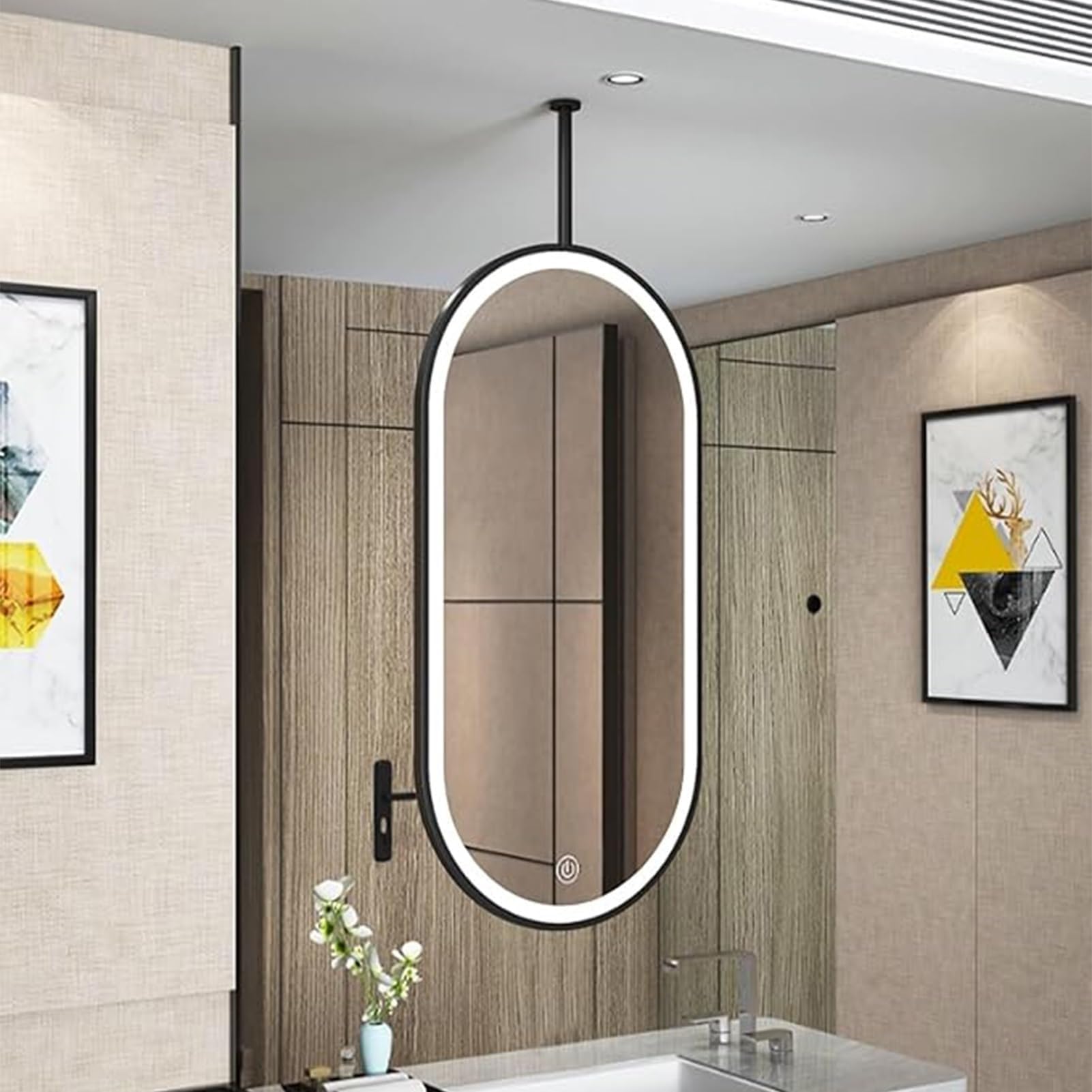 THEGA Oval Ceiling Mounted Mirrors With LED Lights, Gold Metal Framed Hanging Rod Mirror Bathroom Vanity Mirror For Over Sink, 3 Colors Stepless Dimmable