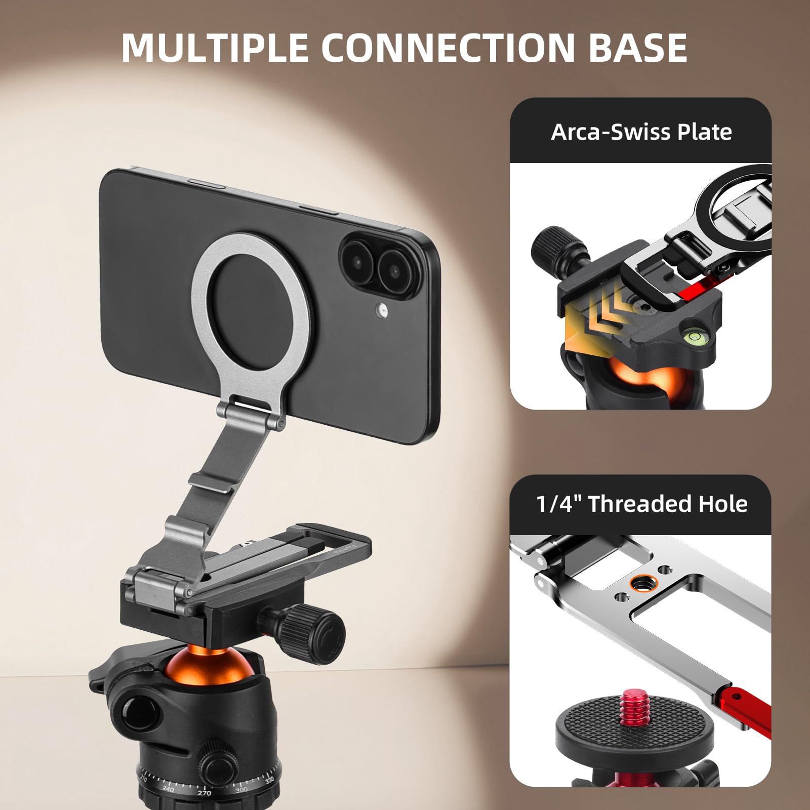 Treppiede magnetico per iPhone, mini treppiede con blocco in alluminio con Arca-Swiss, per MagSafe Supporto per smartphone Supporto rapido con foro per vite da 1/4 '' e scarpa fredda per