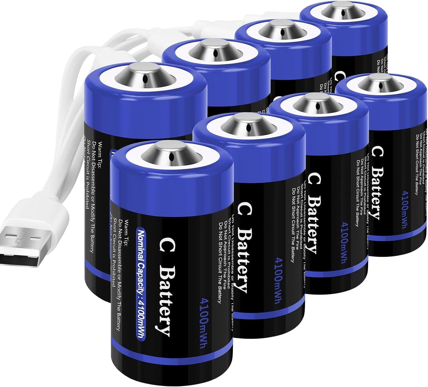 Rechargeable Lithium C Cell Batteries with 4 in 1 USB-C Charge Cable, 8 Pack 1.5V 4100mWh C Cell Li-ion Batteries, LR14 C Size Battery Replacement for Flashlight