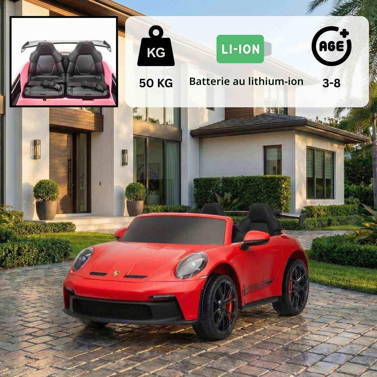 Porsche 911 GT3 voiture électrique enfants 24V 2 places 4x4, Rouge, 4 x 200W moteurs, batterie lithium, télécommande parentale 2,4 GHz, suspension, USB/AUX, phares LED, licence officielle