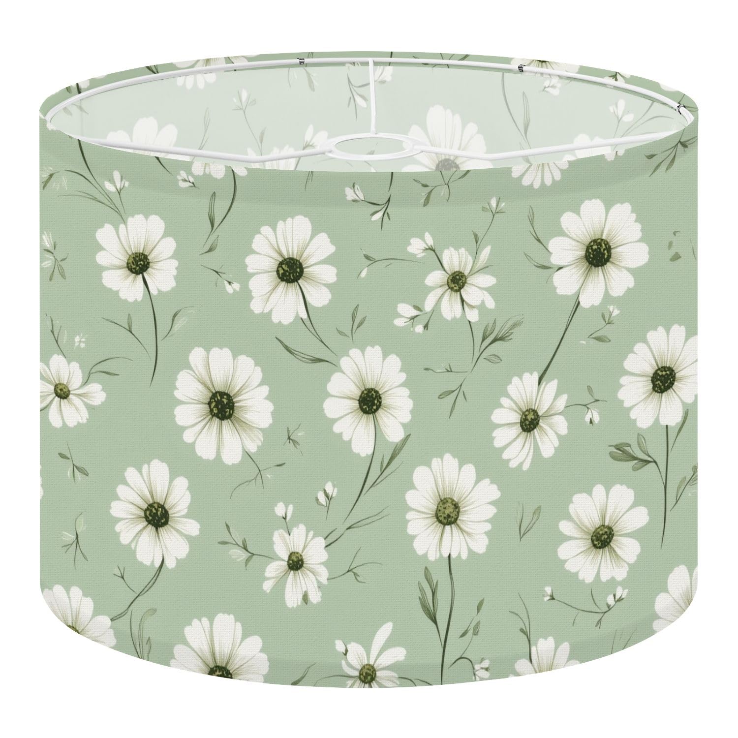 Fabric Drum Lamp Shade Botanical Floral White Daisies Soft Olive Green Vintage Funky Medium Linen Decorative Lampshades 13inch Set of 1 for Table Lamps, Floor Lamps,Ceiling Lamp