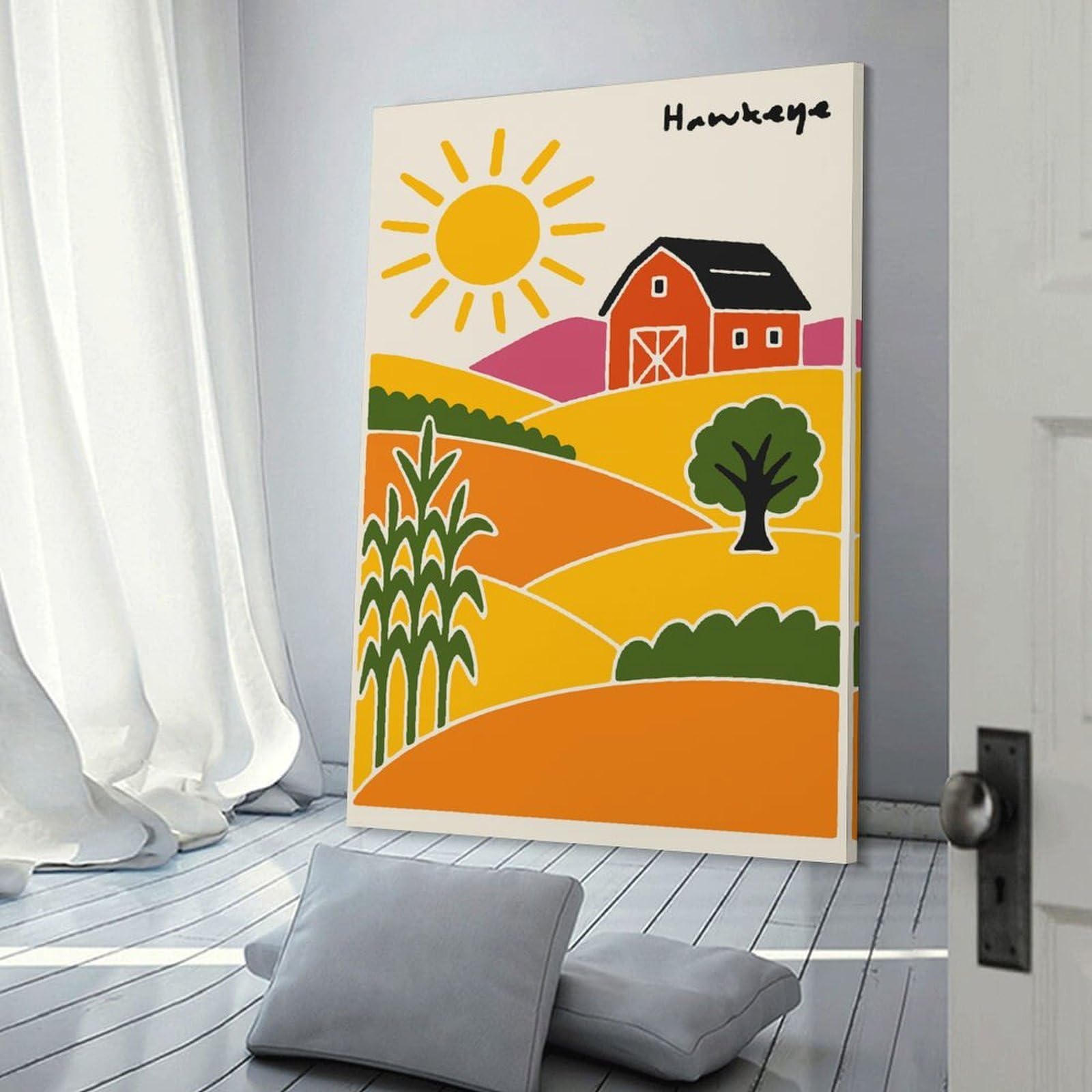 Junmoney Hawkeye Iowa Farm Landscape Illustration Home Decor Wall Art 20x30inch(50x75cm), for Restful Interiors, Bedrooms Or Small Rooms, A Warm Accent for Relaxed Interiors