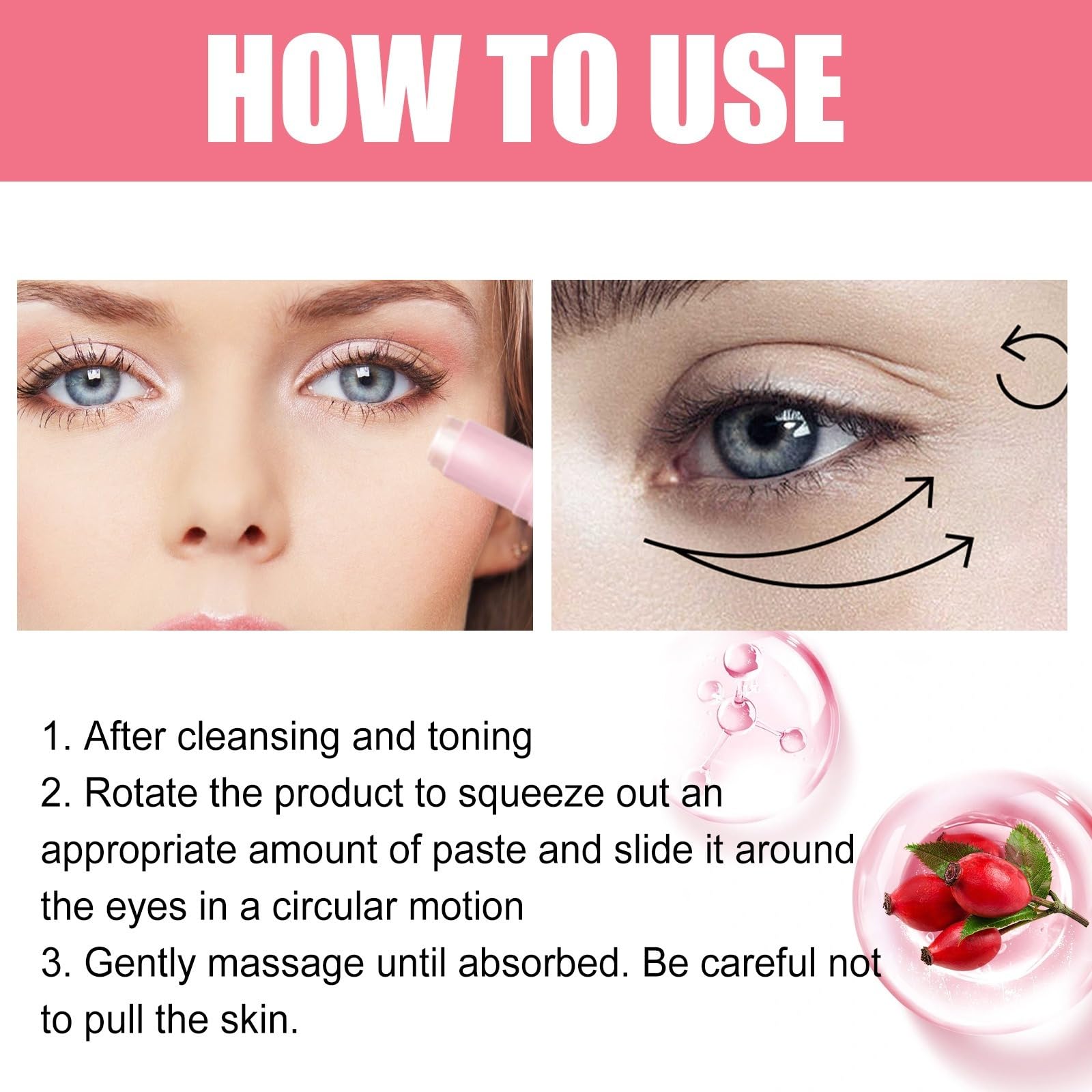 Rosehip Eye Stick, przeciwstarzeniowy krem pod oczy, odświeżający balsam do oczu, przeciw cieniu i obrzękom, nawilżający patyczek do oczu dla cienkich linii, pielęgnacja zmarszczek