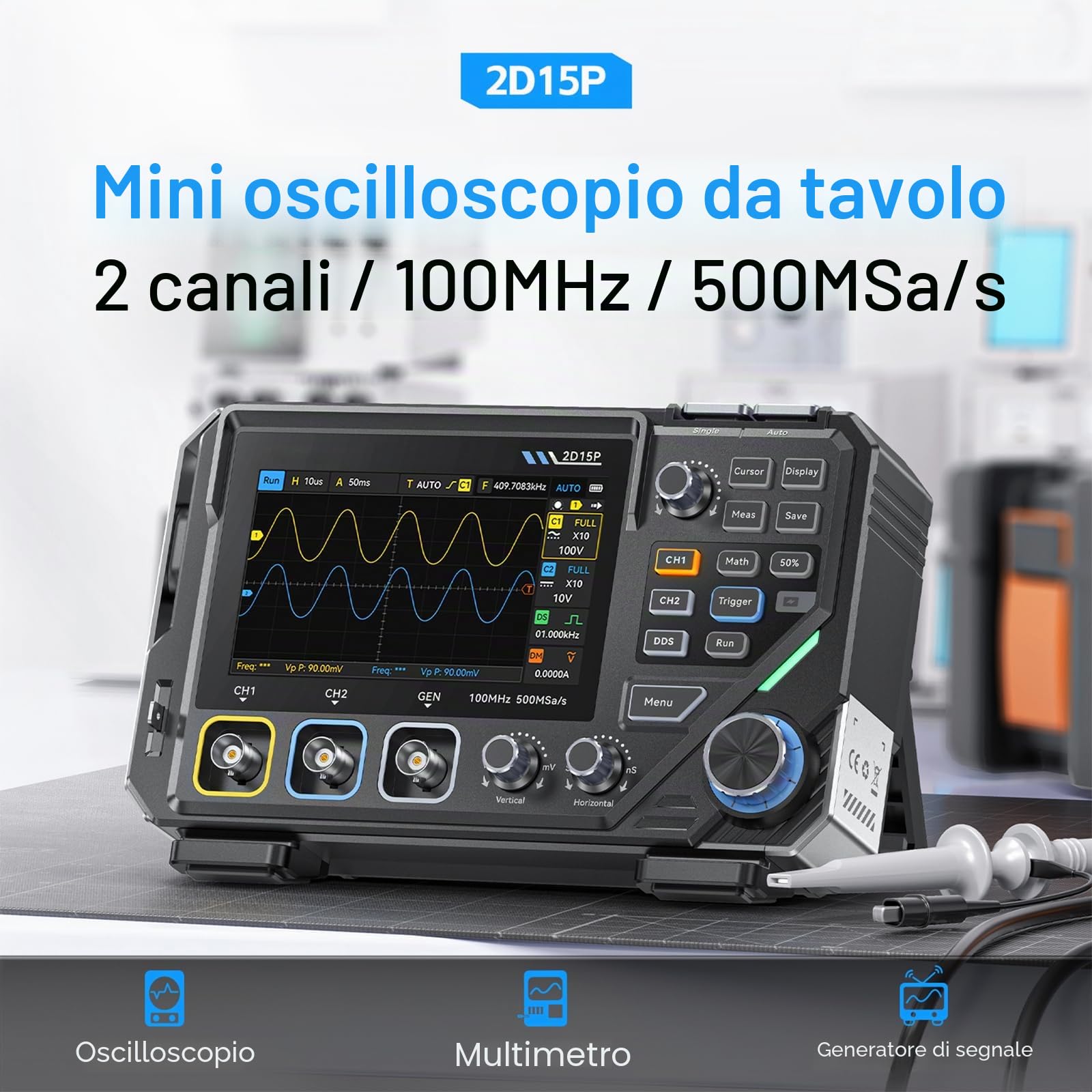 2D15P Oscilloscopio, 100 MHz Digitale Oscilloscopio Multimetro, Oscilloscopio Portatile 2 canali 3 in, 19.999 TRMS, Oscilloscopio Palmare di precisione 500 MSPS, Tester Oscilloscopio con touch screen