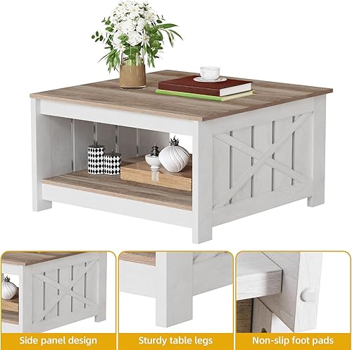 Miniatura 5 de Mesa de café cuadrada DWVO para sala de estar, mesa de café de casa de campo con almacenamiento, mesas de café de madera de 2 niveles mesa central