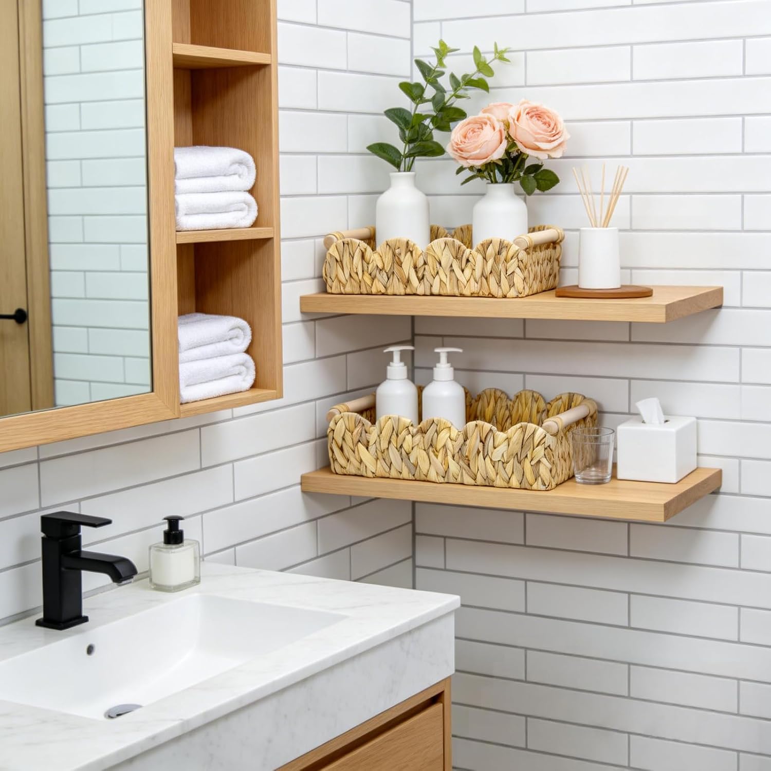 Decorative Toilet Paper Storage Basket, Modern Farmhouse Home Decor Scalloped Basket for Organizing, Pantry Baskets for Shelves, Countertop, Living Room, Wood Handles, Natural Water Hyacinth (2pack）