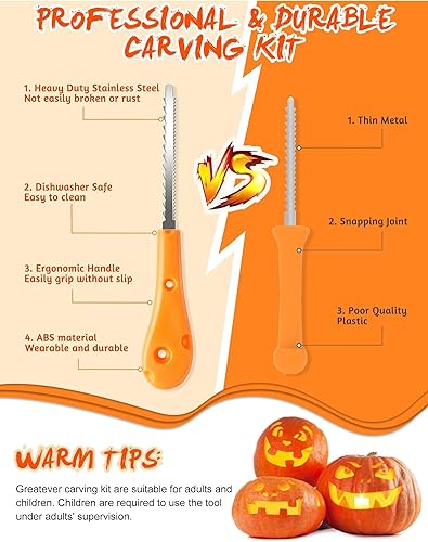 Miniatura 2 de Greatever Kit de tallado de calabaza de Halloween, herramientas profesionales y resistentes, juego de tallado de calabaza con 12 plantillas de