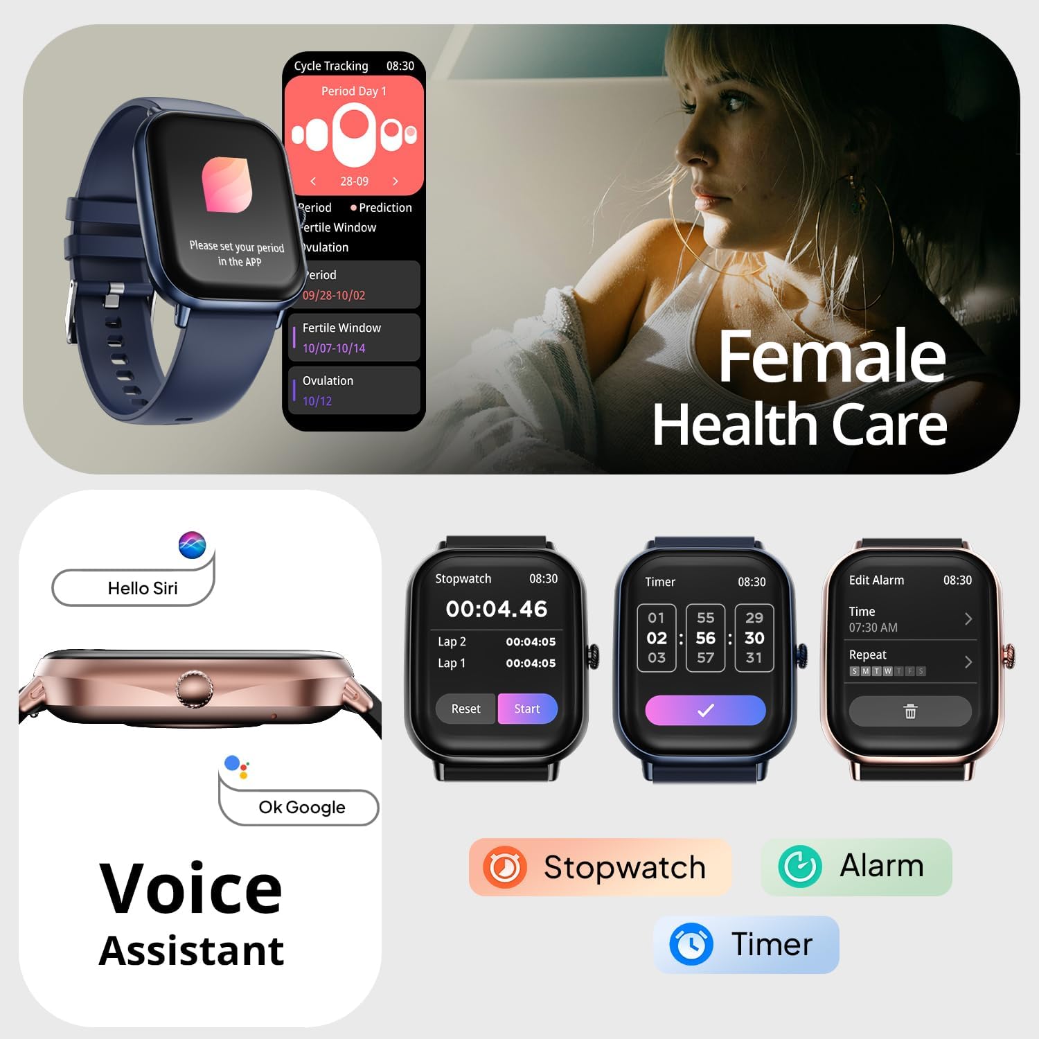 Fire-Boltt Ninja Call Pro Max Smart Watch displaying voice assistant, stopwatch, timer, and alarm features.