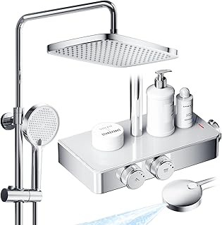 JONKEAN Duschsystem mit Thermostat, Duscharmatur Komplettset mit Glasablage, Regendusche mit Armatur...