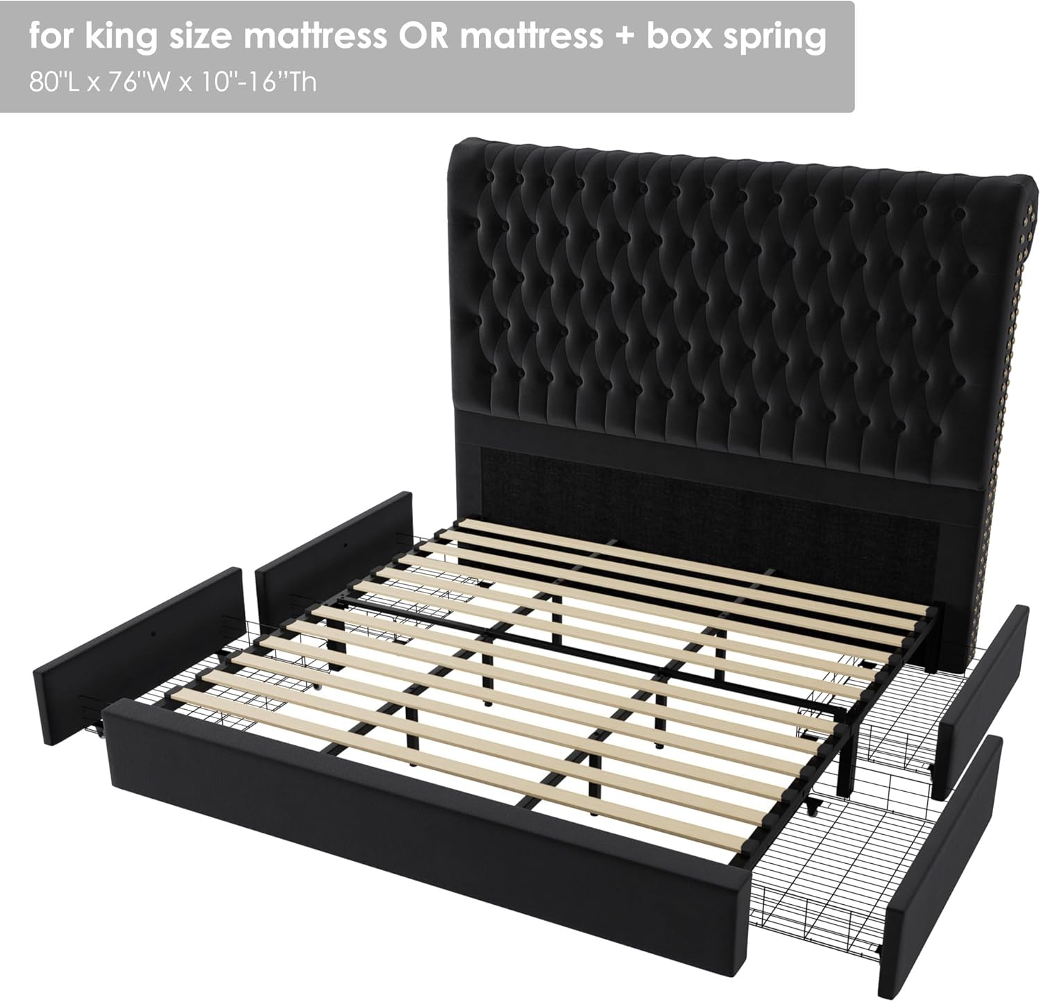 King Size Bed Frame 54" Tall Headboard with Gorgeous Button Tufted and Nail, Velvet Fabric Upholstered Bed Frame includes 4 Under-bed Storage Drawers, Wooden Slats, Noise-Free, Easy Assembly, Black