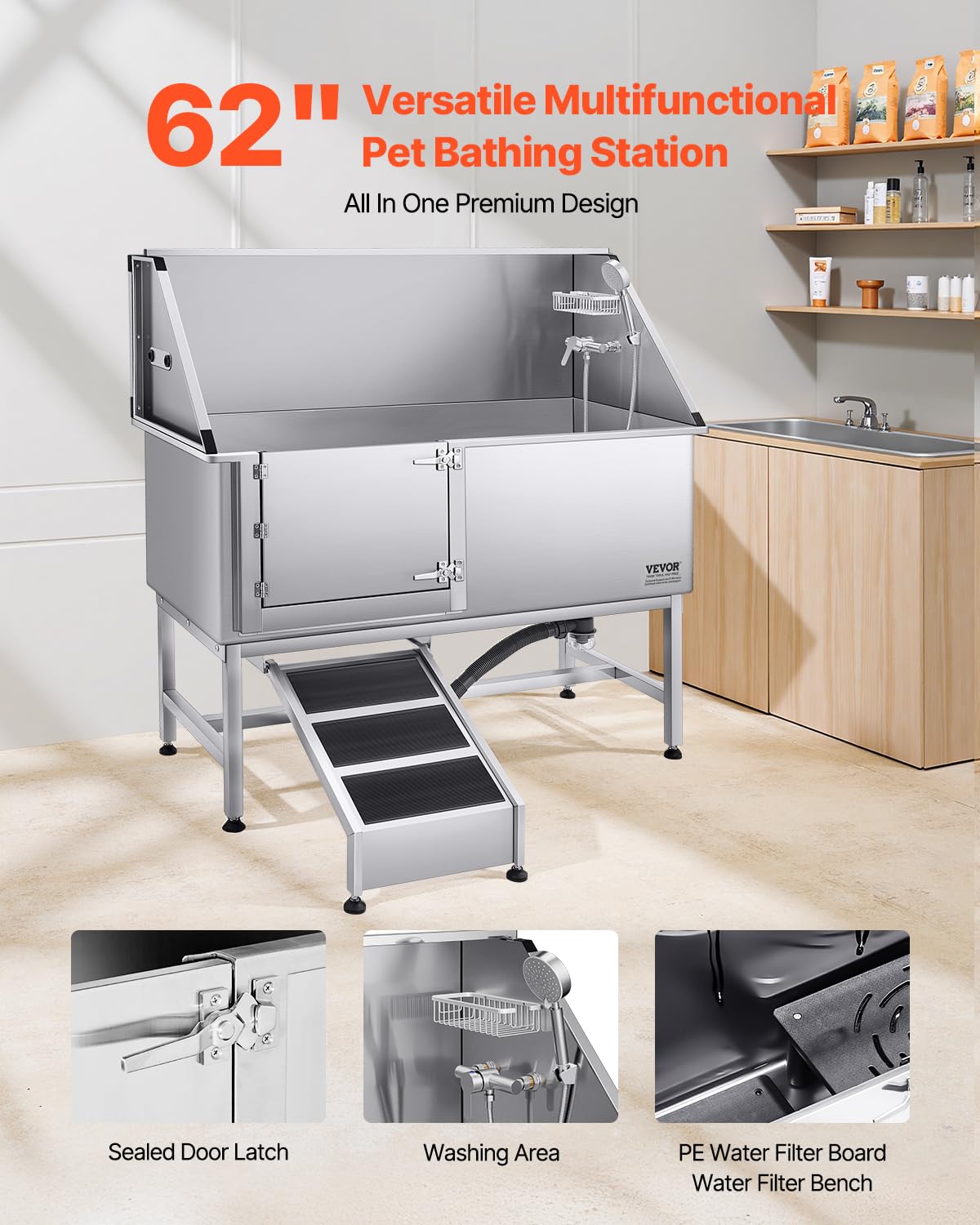 VEVOR Estación de Lavado para Perros de Acero Inoxidable, Bañera de 1500 x 700 x 1495 mm con Rampa, Filtro de Agua de Polietileno, Grifo, Ducha y Jabonera para Varias Mascotas, Puerta Izquierda