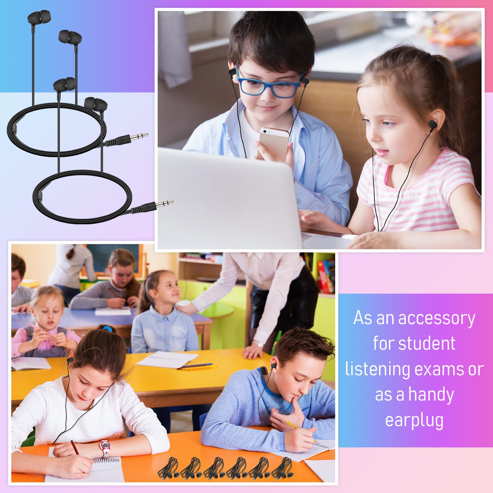 Confezione da 250 auricolari per bambini, con filo auricolare, per scuole, aule, biblioteche, bambini, studenti, regalo (nero)