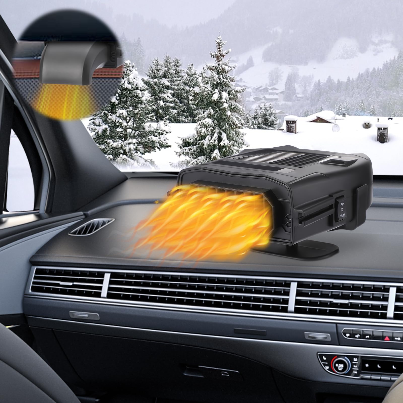 Coikes 150W 12V Désembueur De Voiture Pare-Brise Portable Chauffage De Voiture Ventilateur De Refroidissement Chauffage Portable De Voiture 2 en 1 Dégivreur Chauffage De Voiture avec Pivotant à 360°