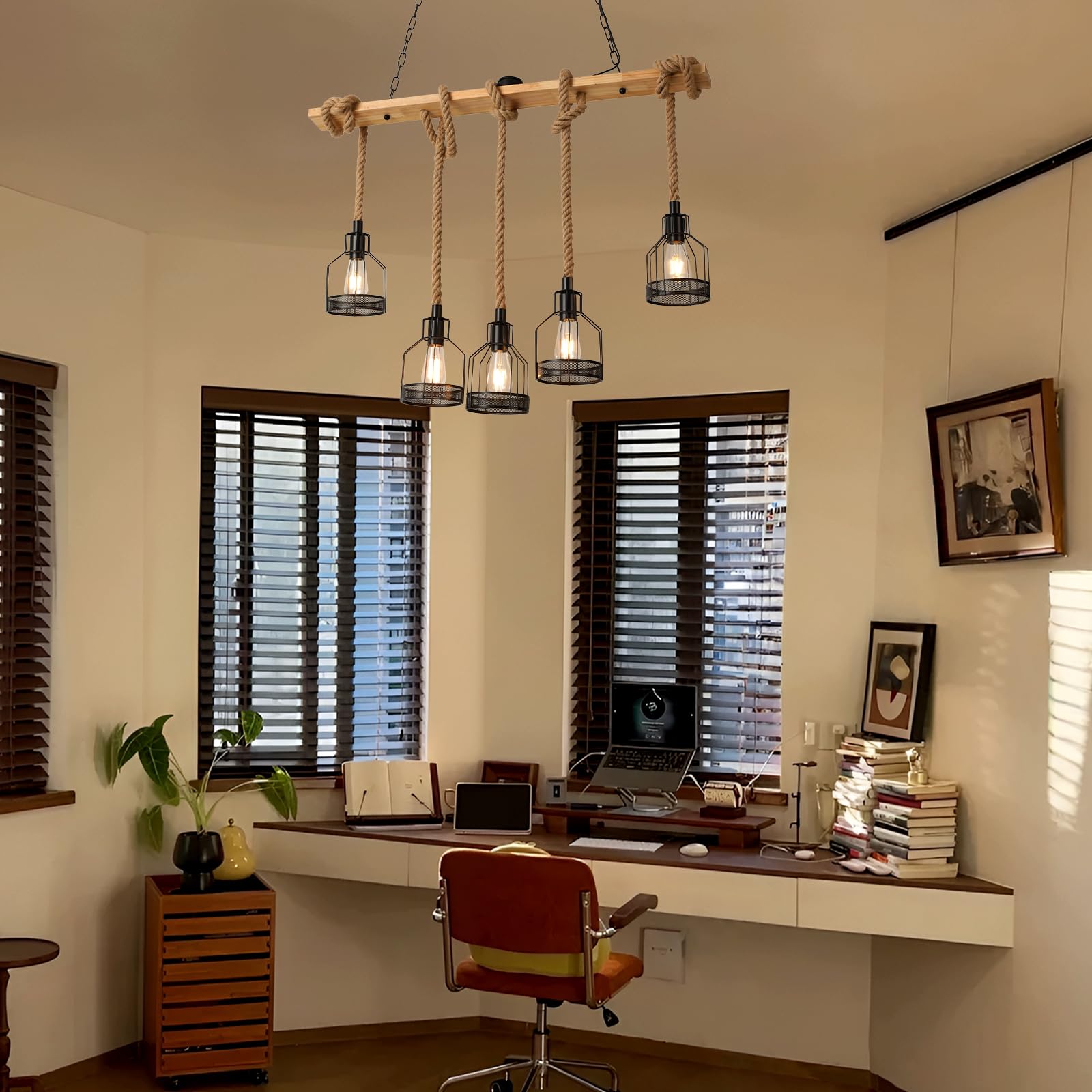 Lustre RéTro En Corde De Chanvre, Suspension En Bois, Suspension Industrielle E27, Plafonnier Cage MéTallique à 5 TêTes, Abat-Jour Marocain Pour Salle à Manger, Chambre, Restaurant, Cuisine