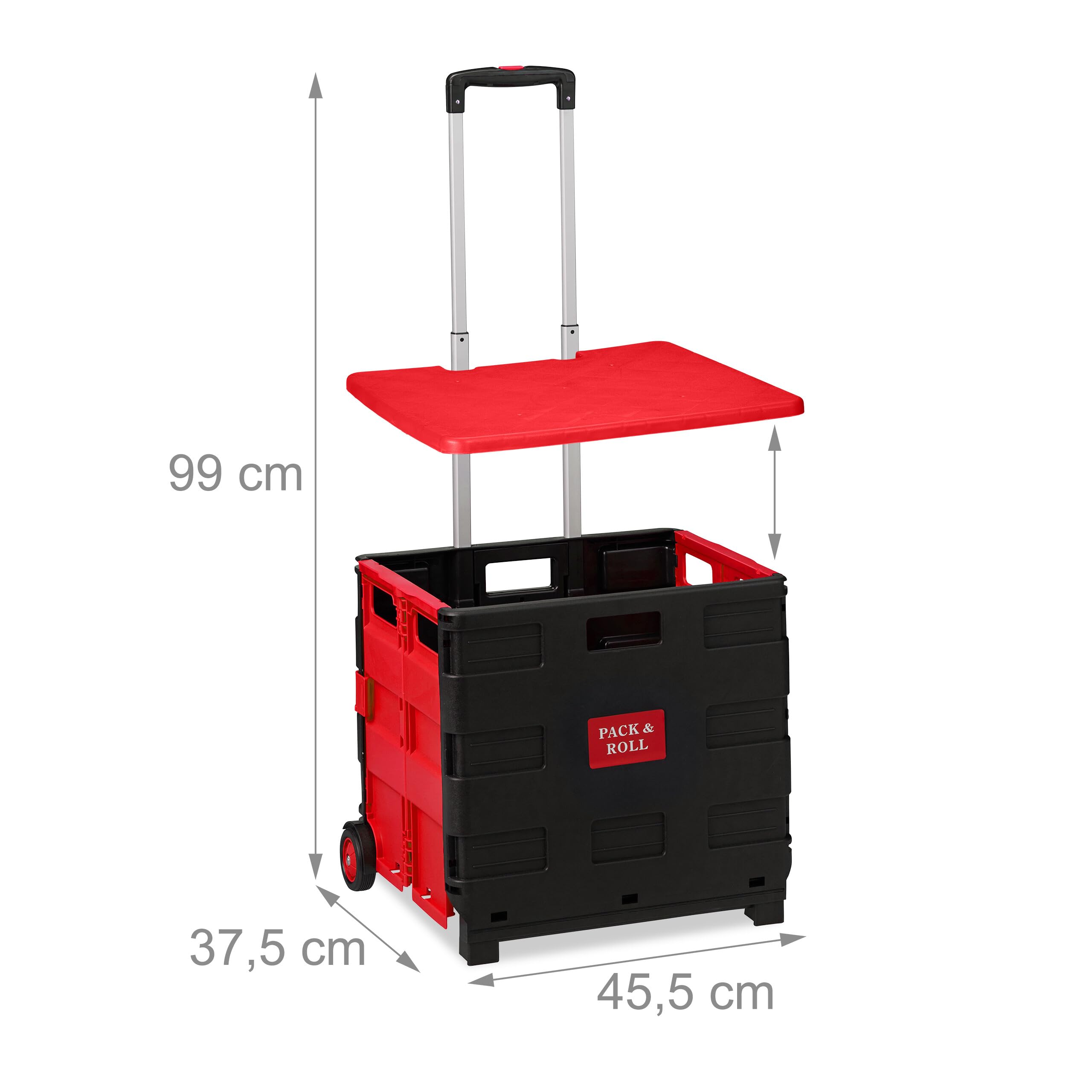 Relaxdays Carro de la Compra Plegable, Carrito de Transporte con Ruedas y Tapa, Asa Telescópica, hasta 35 kg, Rojo/Negro