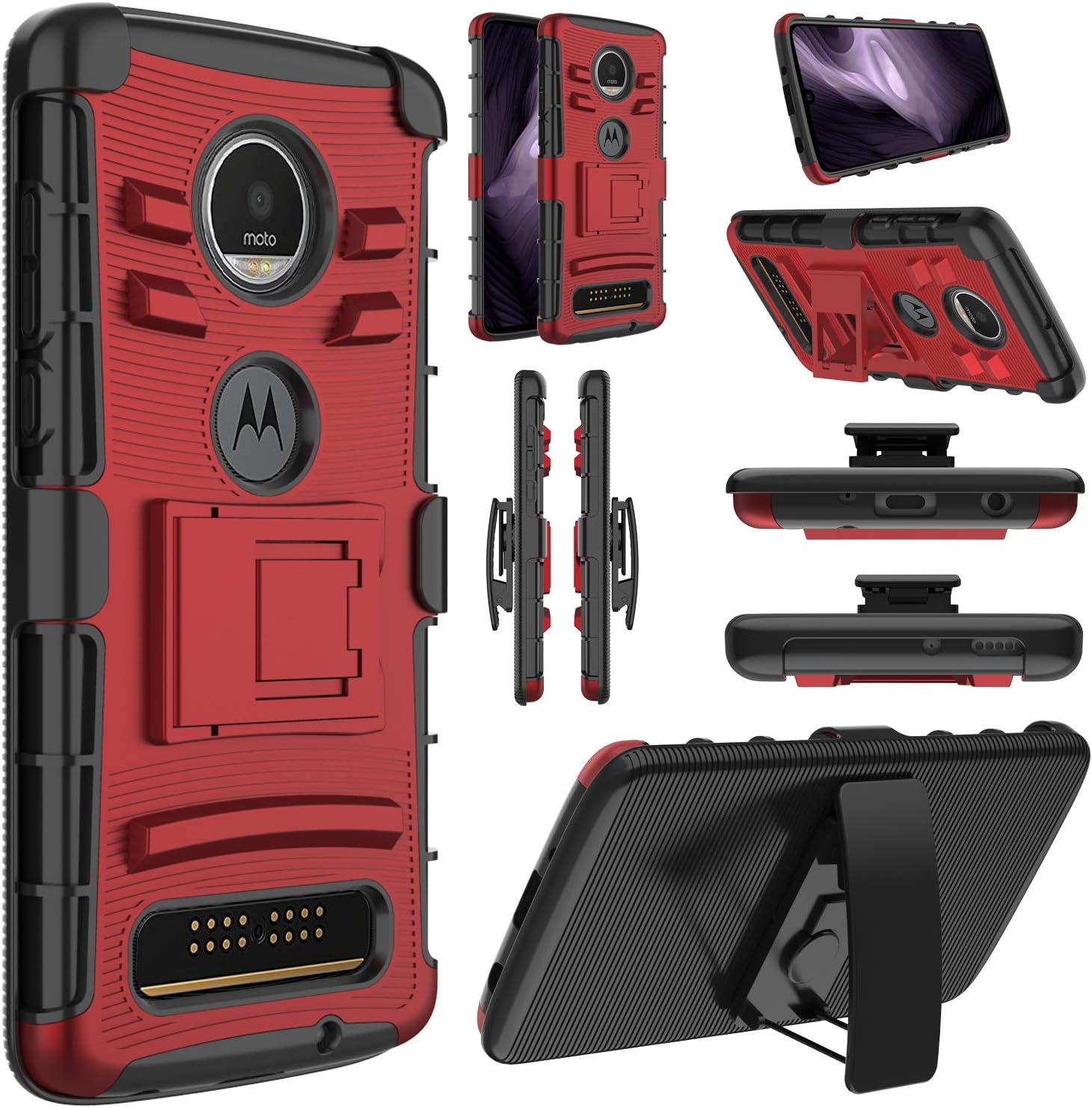Elegant Choise Moto Z4 Case, Moto Z4 Play Case, Hybrid Holster Case Built-in Kickstand and Swivel Belt Clip Shockproof Heavy Duty Full Body Protective Rugged Case Cover for Motorola Moto Z4 (Red)