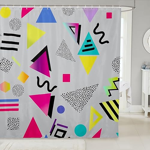Miniatura 17 de Cortina de ducha retro de los años 80 y 90, 72 pulgadas de ancho x 72 pulgadas de largo, cortina de baño geométrica abstracta con círculos modernos