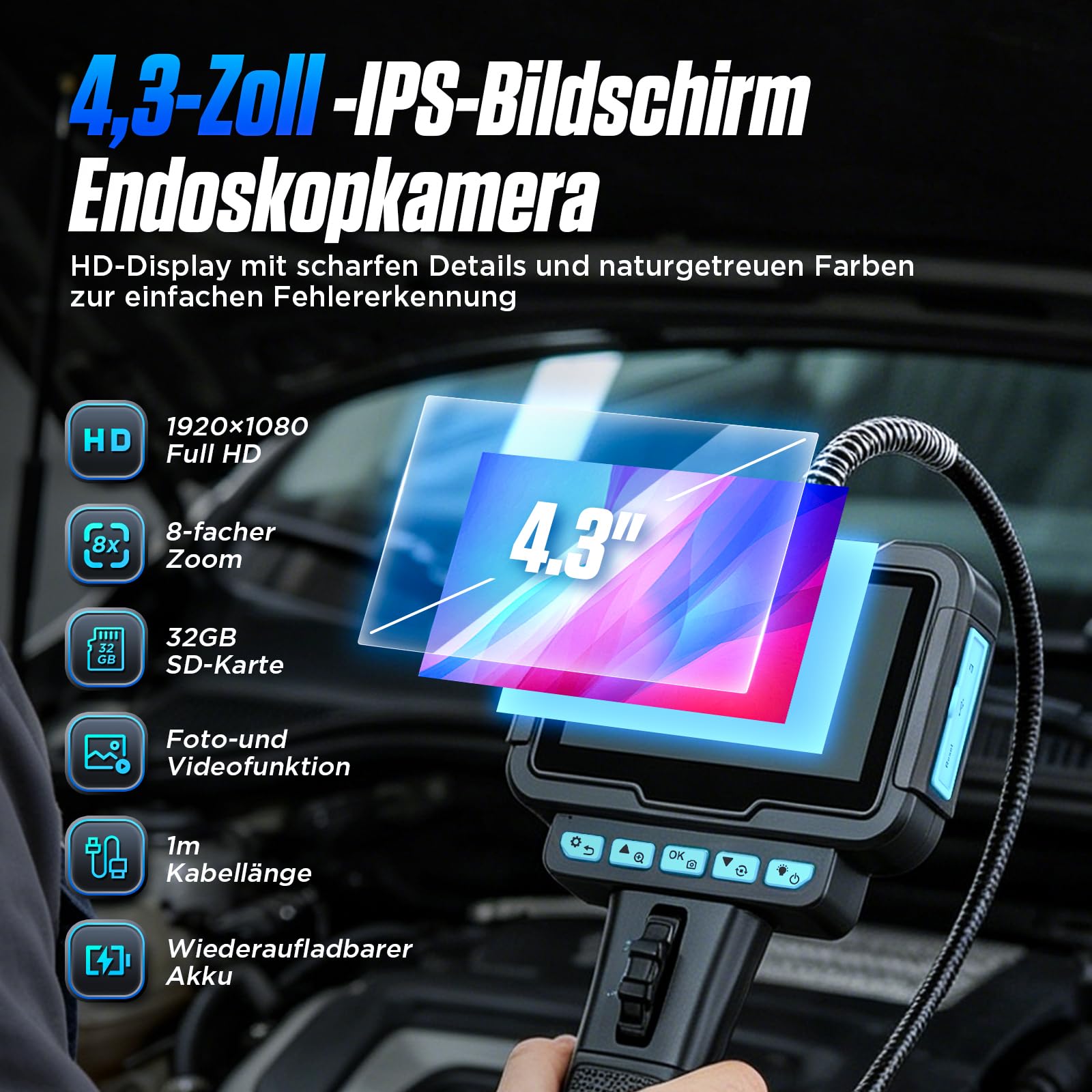 210° drehbare Endoskopkamera mit Licht, 1080P HD Inspektionskamera