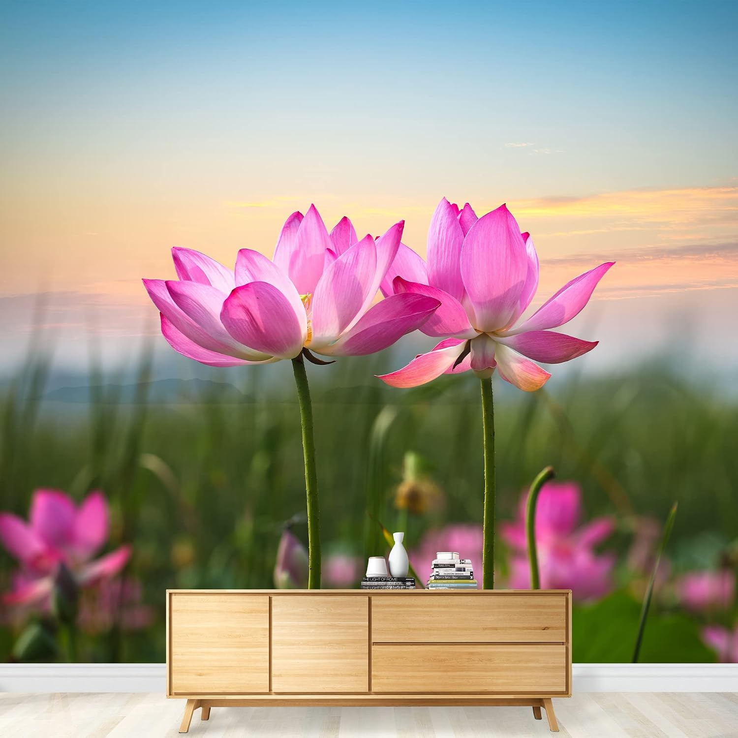 wall26 - Beautiful Lotus Flower in Blooming at Sunset - Removable Wall Mural | Self-Adhesive Large Wallpaper - 66x96 inches