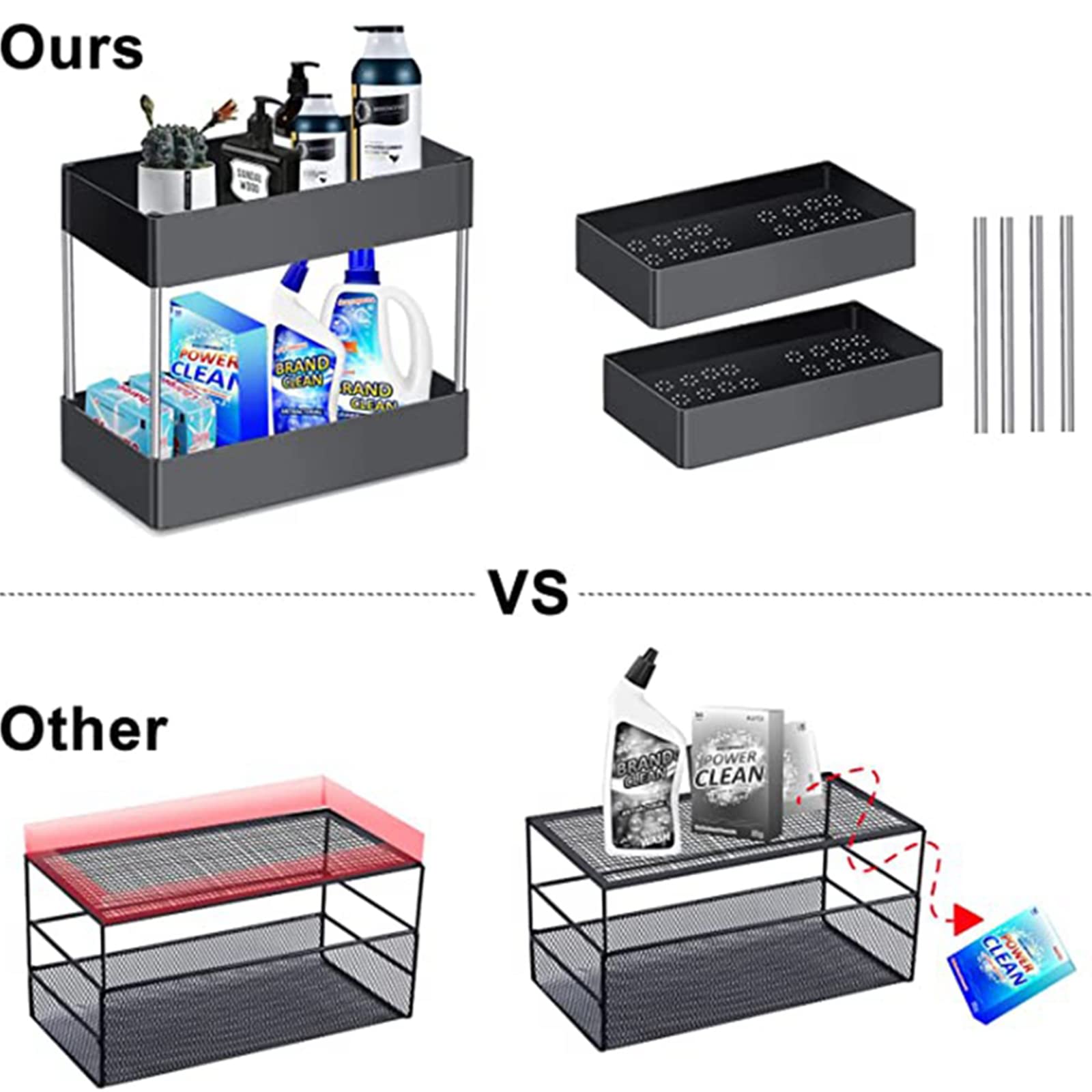 Organizador de Almacenamiento para Debajo del Fregadero, Organizador de Armario de Cocina y Cesta de Almacenamiento con Ganchos, 2 Niveles para Organizador de baño y Cocina