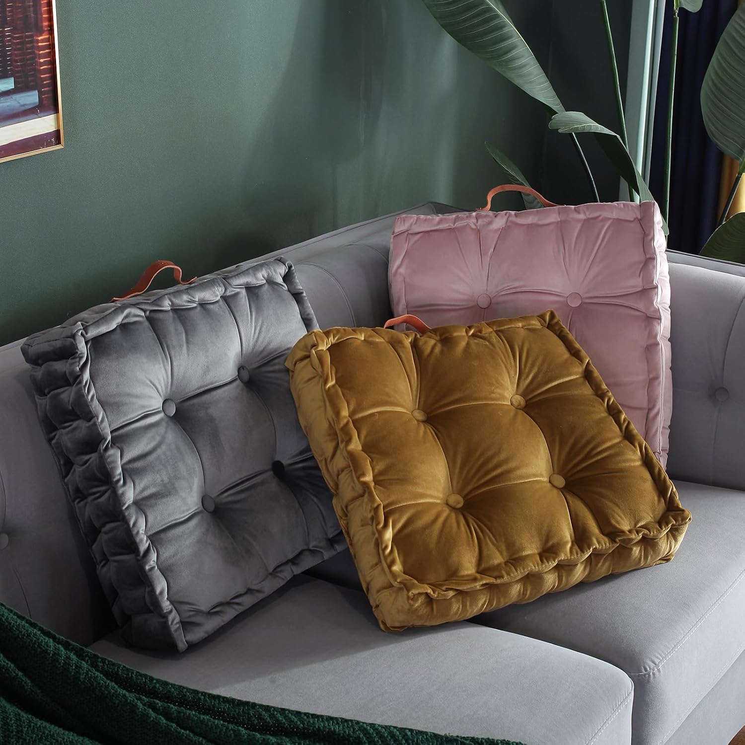 vctops Square Solid Color Velvet Seat Cushion with Handle Tufted Thicken Chair Pad Tatami Floor Pillow Cushion 16.5"x16.5"x4" Grey