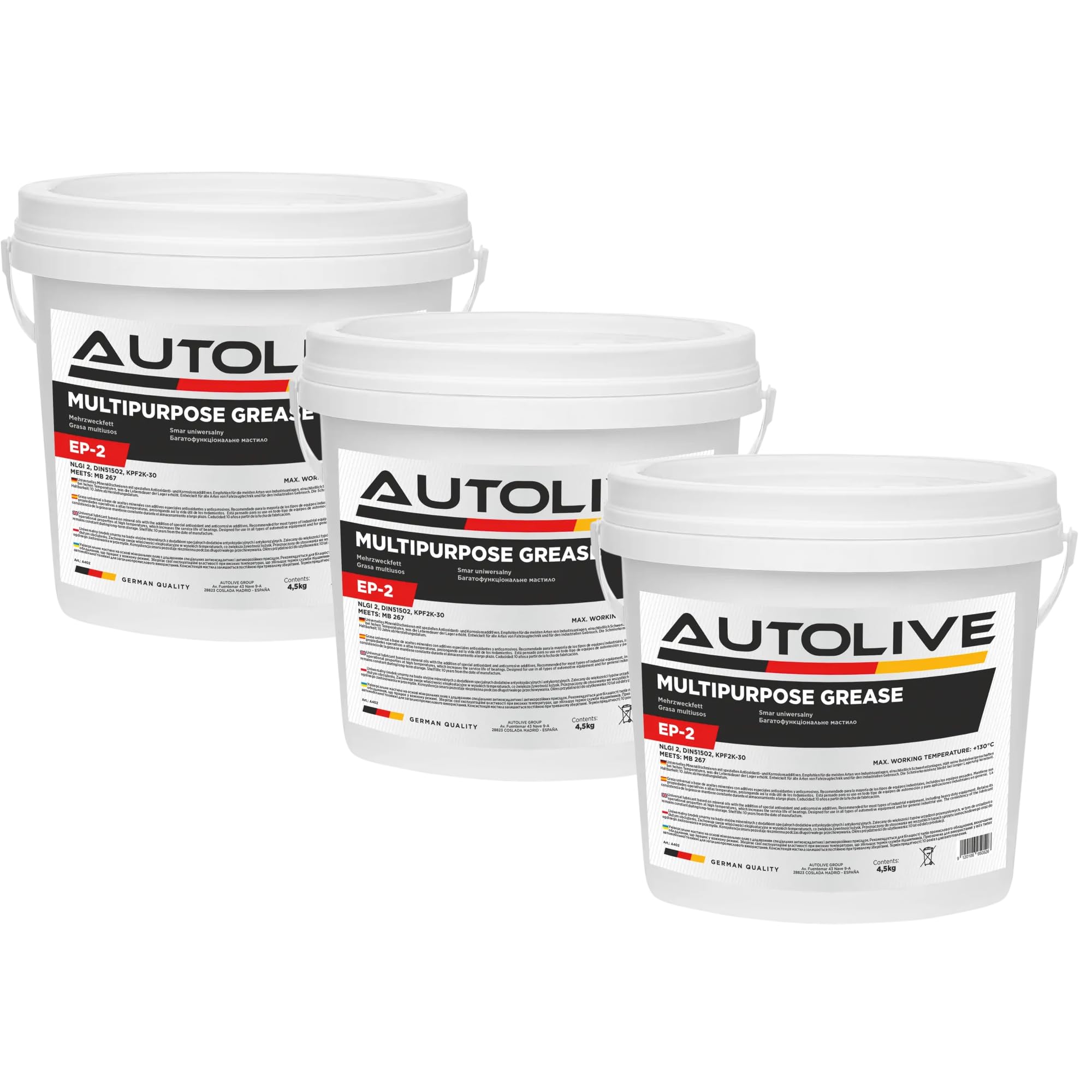 AUTOLIVE GRASA LC-2 DE LITIO ALTA TEMPERATURA - NLGI 2, DIN51502, KP2P-30 - Cumple con MB 265.1, MAN TL 284 - Temperatura Máxima de Trabajo: +260°C - Multiusos para Automoción e Industria 4,5KG (3)