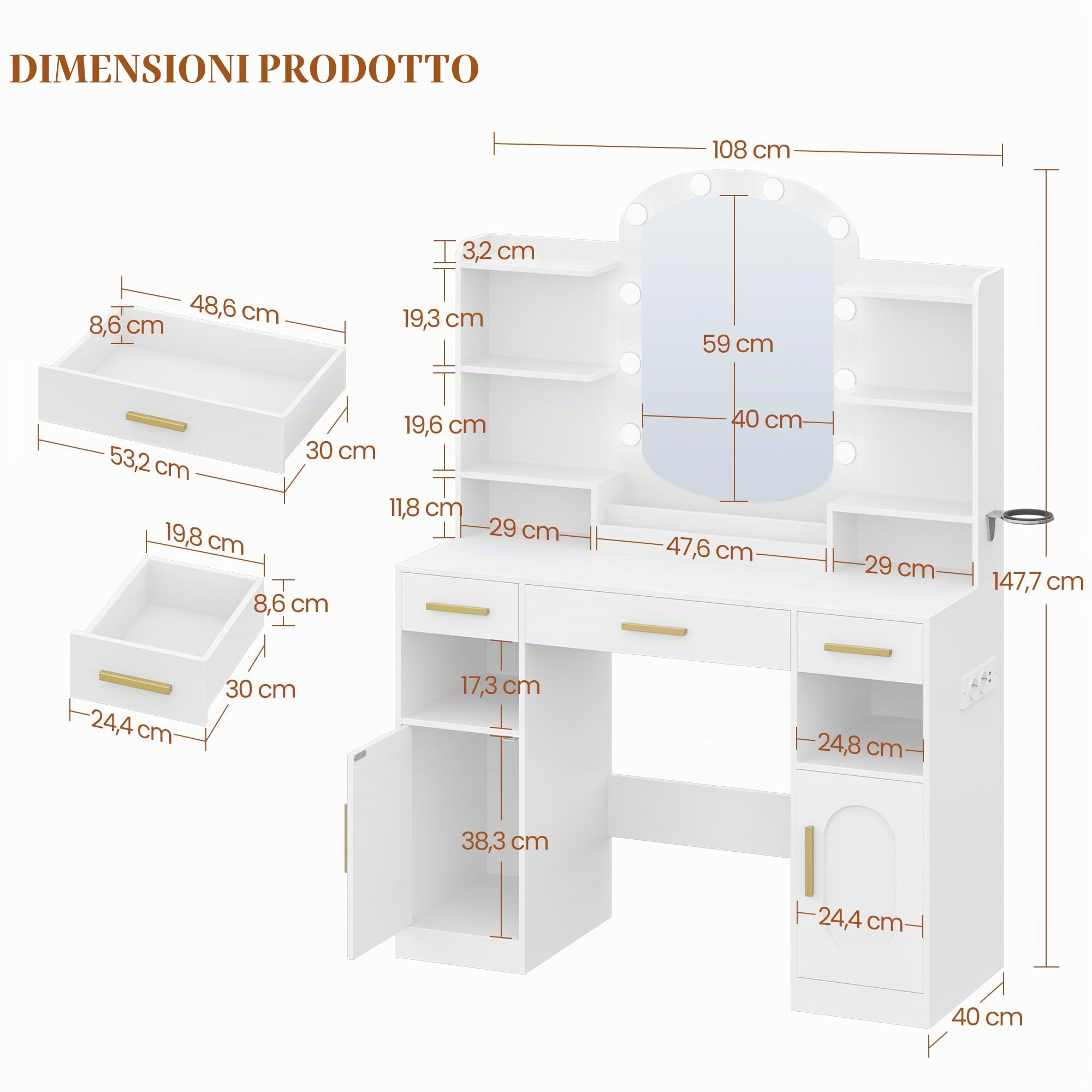 HEXCELEN 108cm Toeletta Trucco con Specchio Ovale, Bianco