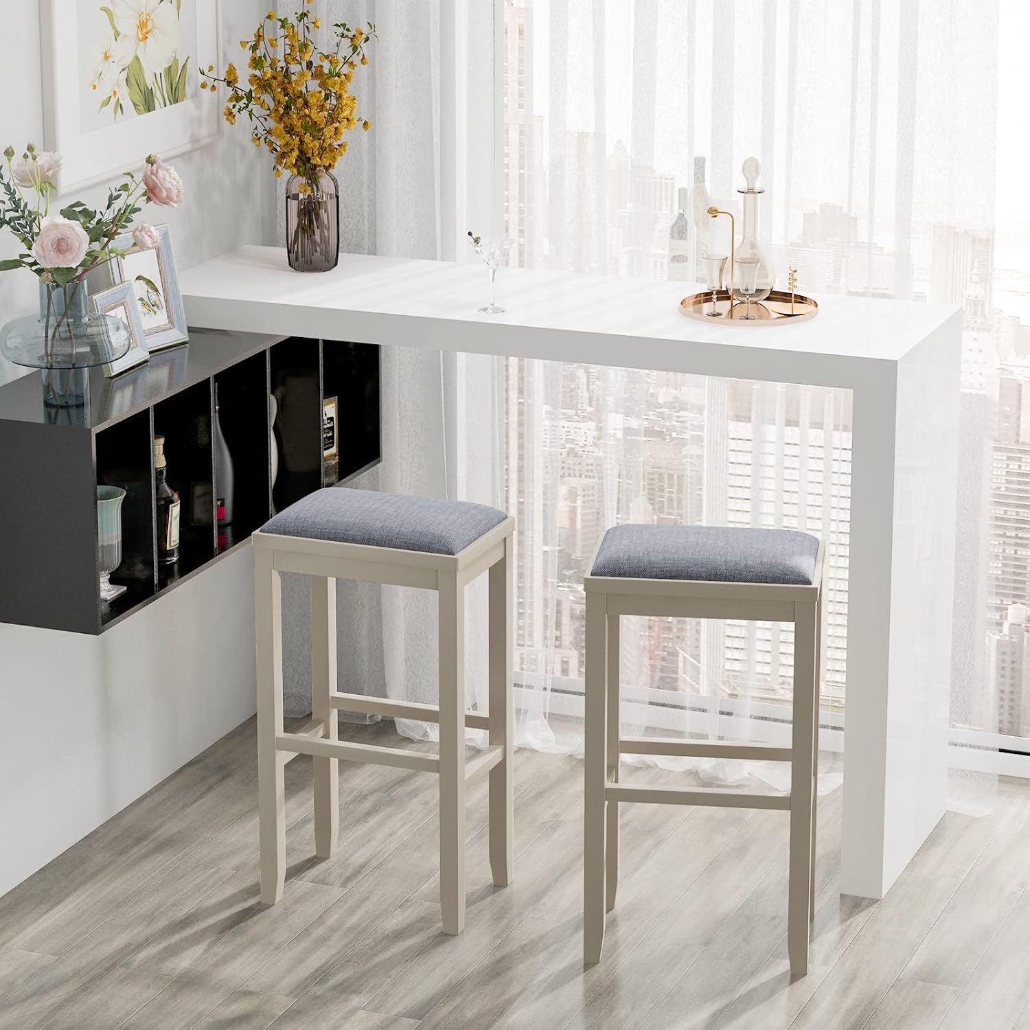 COSTWAY Upholstered Saddle Stools Set of 2, 31-inch Height Vintage Counter Height Chairs with Solid Wood Legs, Modern Backless Design Indoor Bar Stools for Kitchen Island, Bistro, Greige+Grey
