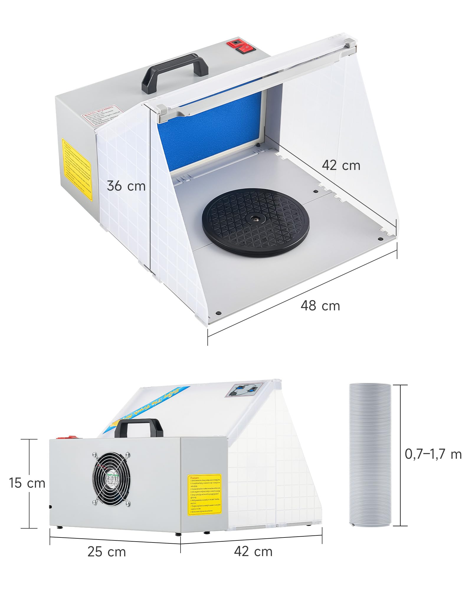 CO-Z Cabina di Verniciatura per Aerografo 2 m³/min con Aspiratore di Fumi e 3 LED, Cabina per Aerografo da Tavolo Portatile per Hobby e Modelli Professionali con 19 cm Piattaforma Girevole 1.7 m Tubo