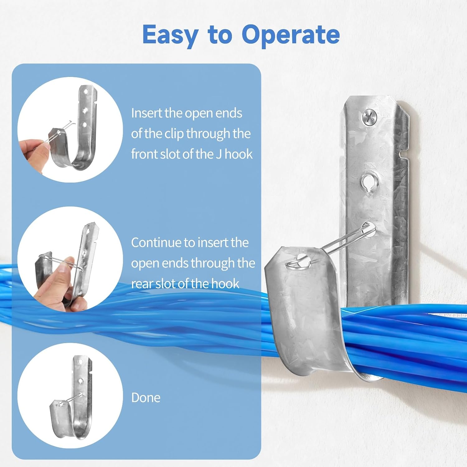50 Pcs J Hooks for Hanging, 2In Heavy Duty J Hooks with Retainer Clips, Heavy Duty Wall Mounted J Hook for Cable and Wire Management