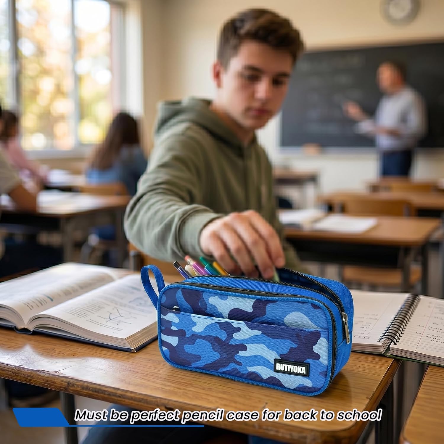 Large Pencil Case Pouch, Pencil Bag with 3 Compartments for Kids, Camouflage Pen Bag with Zipper, Pencil Organizer, Cute Aesthetic School Supplies for Teen Girls Boys Adults Blue