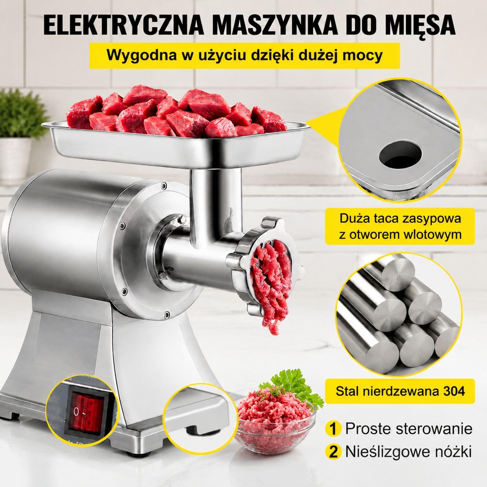 Elektryczna maszynka do mięsa 1100 W ze stali nierdzewnej z nadziewarką do kiełbas, wydajność 150 kg/h, 193 obr/min, dla restauracji i sklepów mięsnych