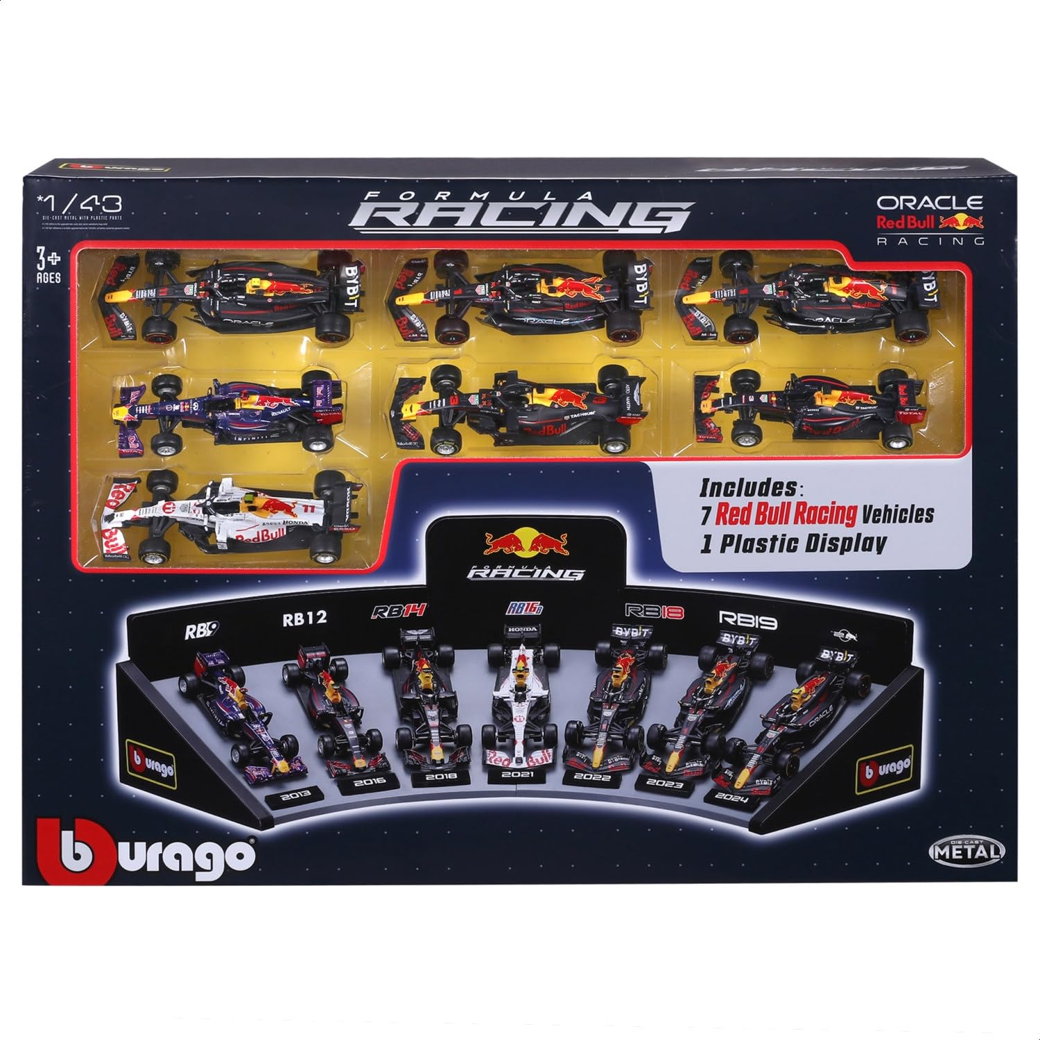 Bburago - Coffret 7 Véhicules F1 Oracle Red Bull - Échelle 1/43 - avec Présentoir - Collection Formule 1 en Métal - Cadeau Dès 3 Ans - Pack Cadeau Formule 1 Collector Red Bull