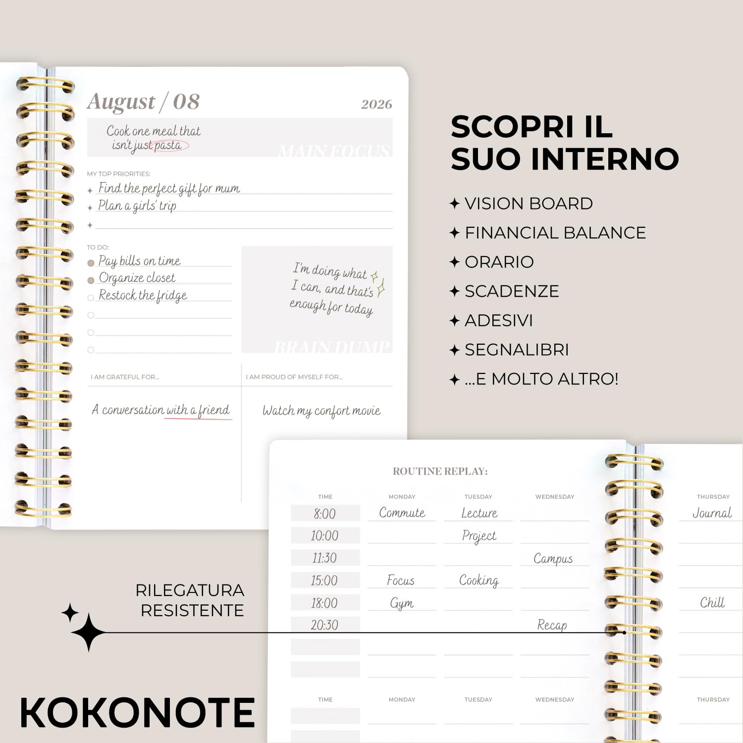 Kokonote Agenda Settimanale 2026 2027 Seasonal Flowers - Diario Scoula 2026-2027 per Università e Scuola Superiore | Weekly Planner con Copertina Rigida, Segnalibri e Stickers (17x21,5 cm)