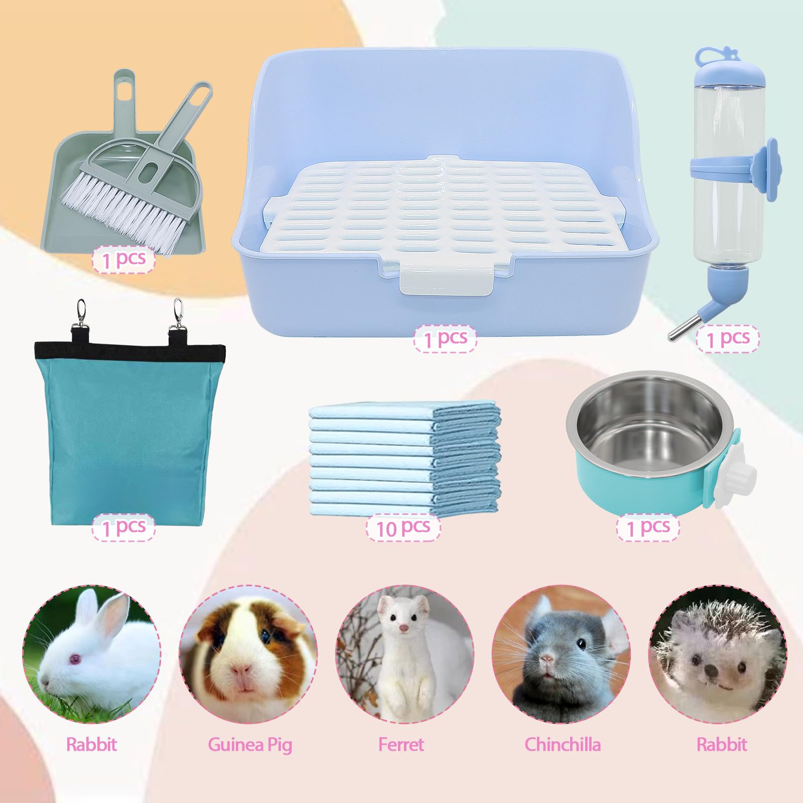 Rabbit Litter Box Trainer with Hay Feeder Hanging Bowls Water Dispenser for Cage Drawer Pan Litter Bedding Small Animal Pet Toilet Bunny Guinea Pigs Chinchilla Ferret Small Animals Blue - image 3