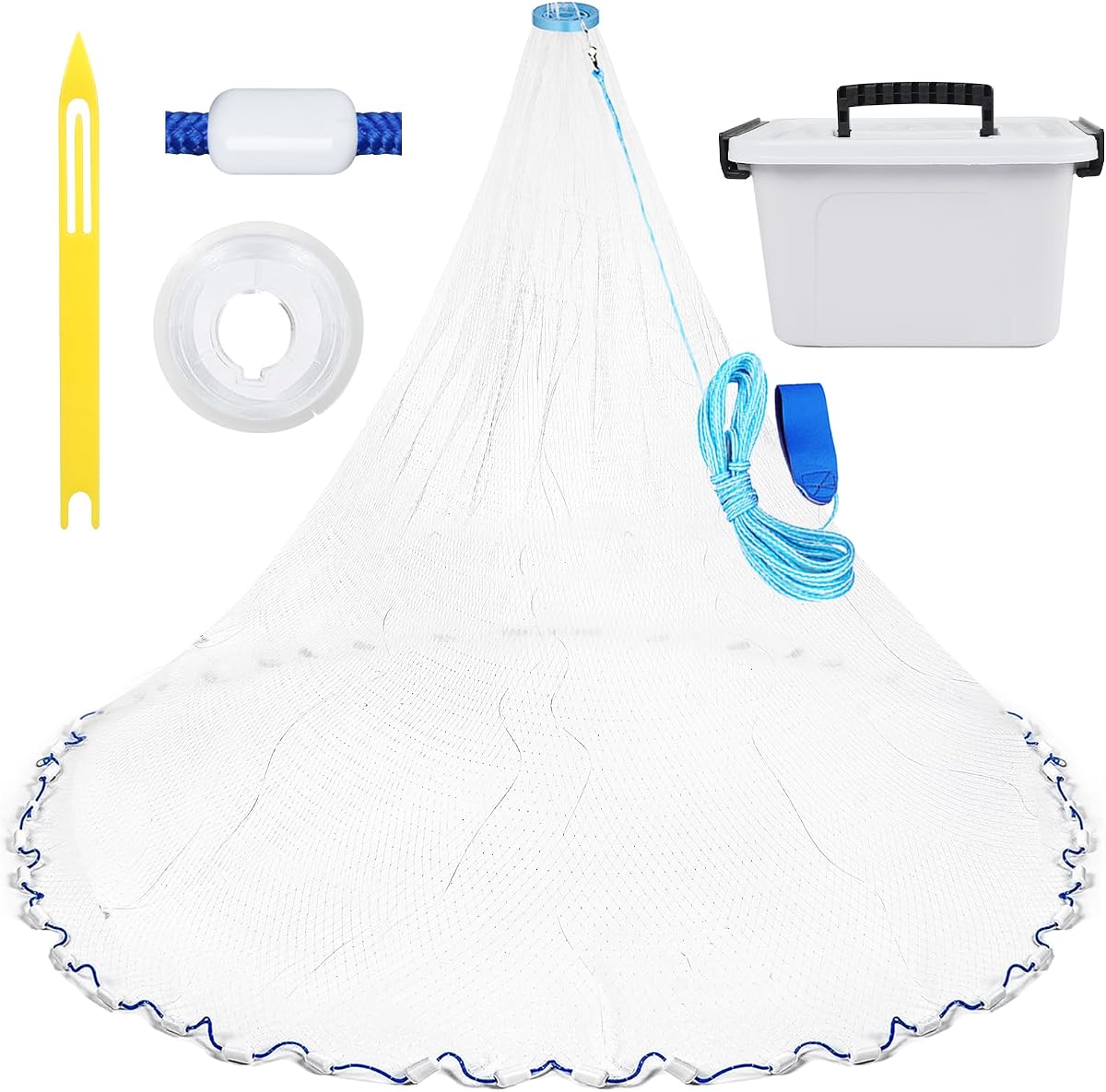 Yeahmart Handmade American Cast Net, 3ft-8ft Radius Casting Net for Saltwater & Freshwater, 3/8 Inch Mesh Monofilament Bait Trap Rust-Proof PVC Coated Sinkers, Easy Throw, Bucket & Repair Kit Included