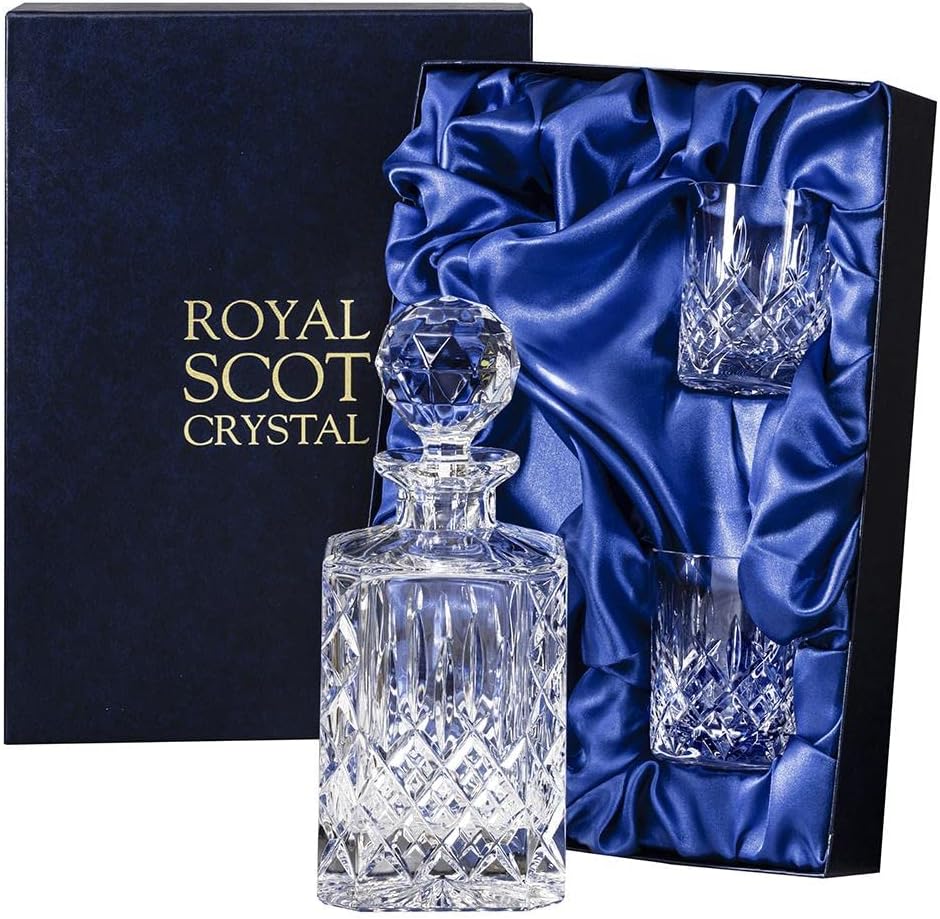 Royal Scot Crsytal London Whisky Set - Square Spirit Decanter & 2 Crystal Whisky Tumblers (Presentation Boxed)