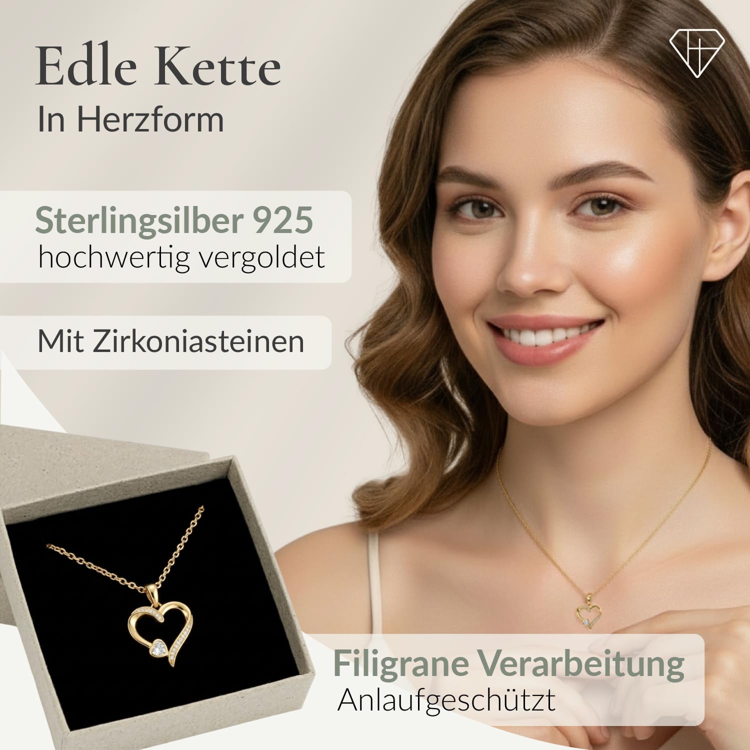 Hannah's Treasures Herzkette mit Zirkonia-Stein aus 925er Silber, 45 cm – auch mit Vergoldung in Gelbgold und Roségold - Silberkette mit Herzanhänger für Frauen
