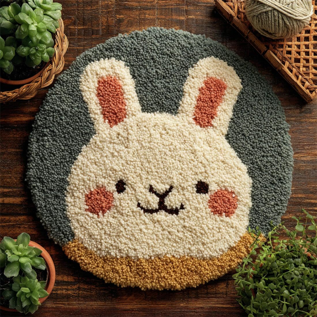 Rqwybcaxn DIY Rug Latch Hook Kits for Adults Animal Needlework Kit Cartoon Rabbit 50x50cm Round Tapestry with Crochet Hook Living Room Craft Gift