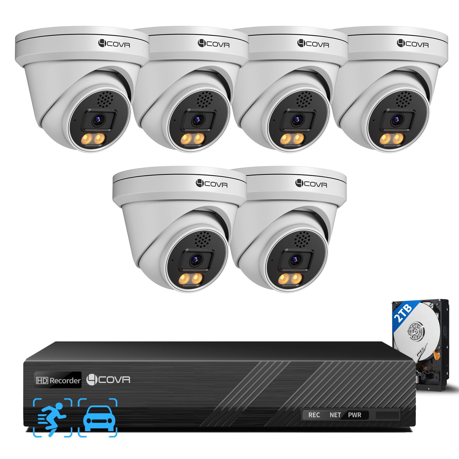4COVR PoE Security Camera System, 2 Way Talking, Smart Color Night Vision, AI Human/Vehicle Detection, 8CH 8MP NVR with 2TB HDD, 6X 5MP Dome IP