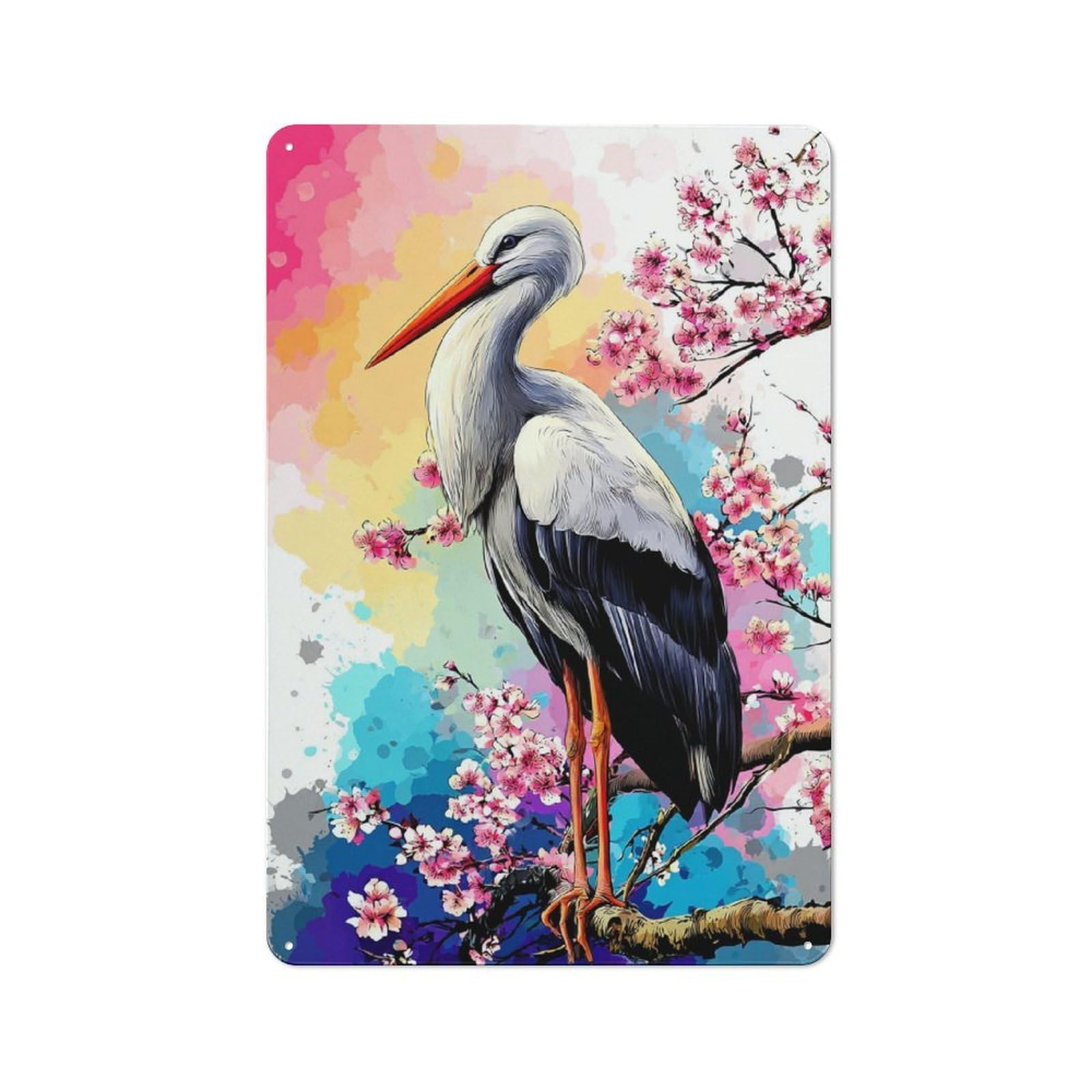 Junmoney Stork Amidst Cherry Blossoms -3 Country Metal Sign With Design 30X20cm, Farmhouse Farmhouse Wall Decor For Kitchen, Cottage, Porch Or Garden Room