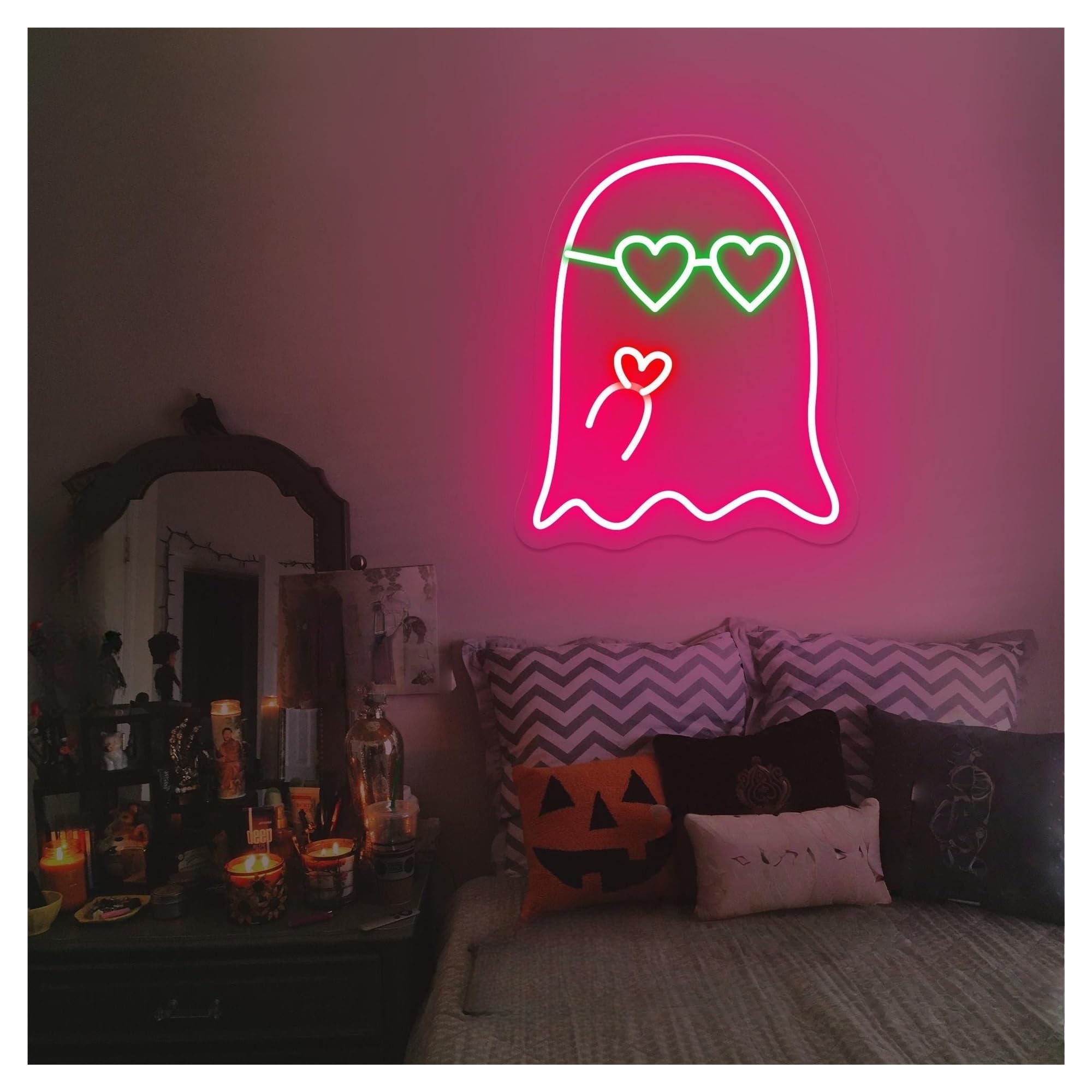 RONGCH Hanging Art Neon Signs Ghost with Heart Neon Sign, Suitable for Home Festival Party Decor Brightness Adjustable 30cmx38cm(B)